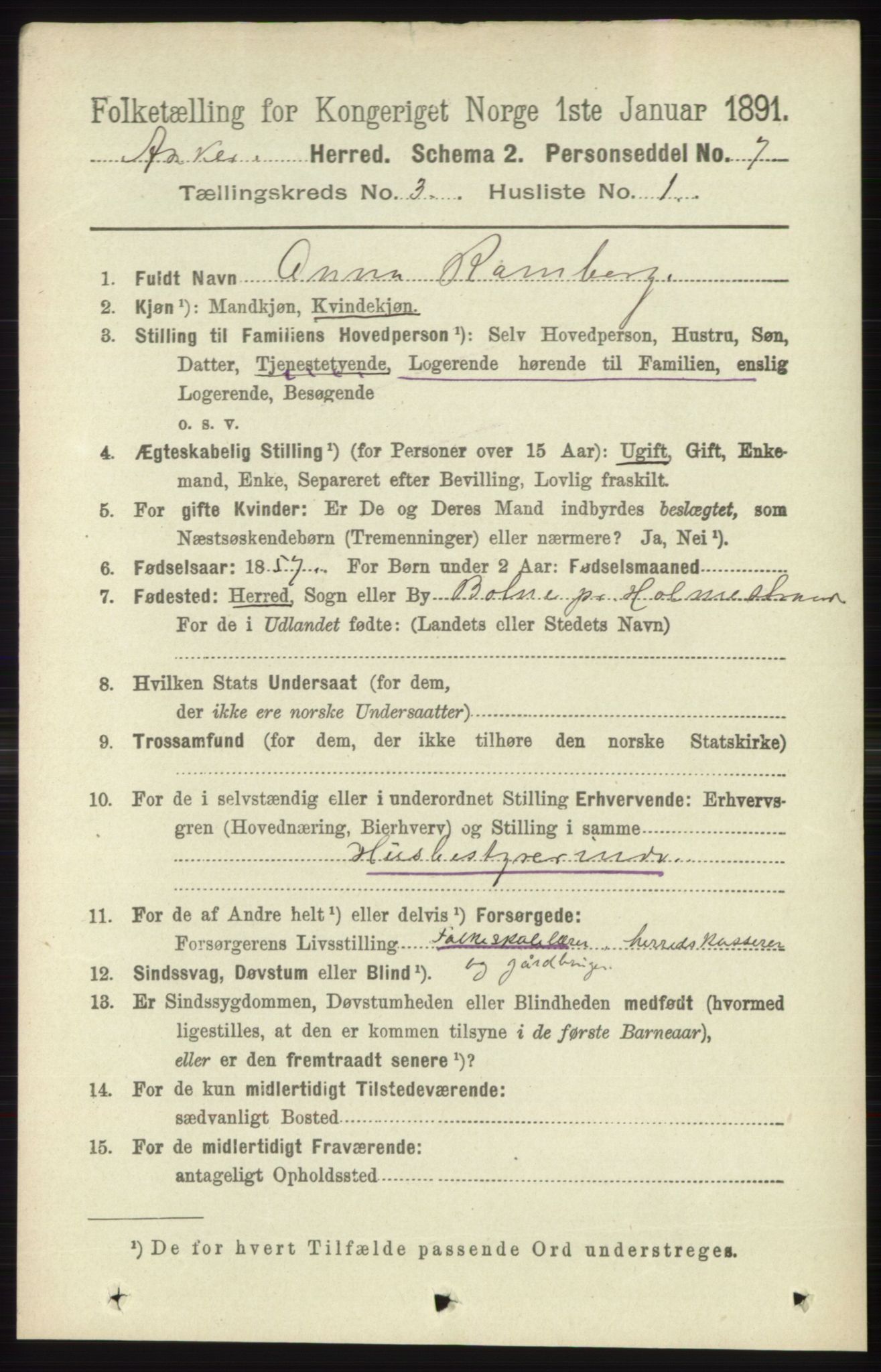 RA, 1891 census for 0220 Asker, 1891, p. 1987