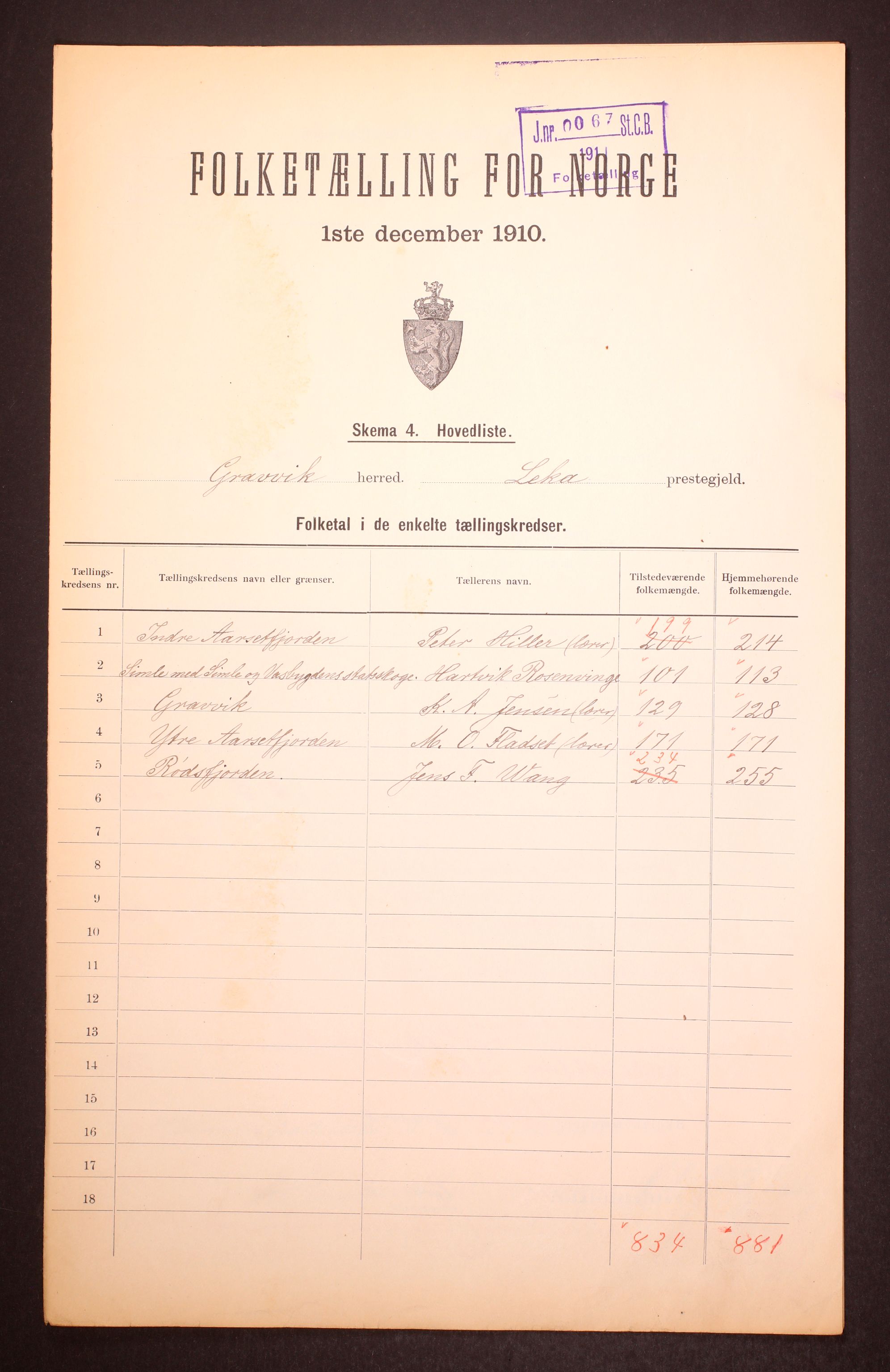 RA, 1910 census for Gravvik, 1910, p. 2