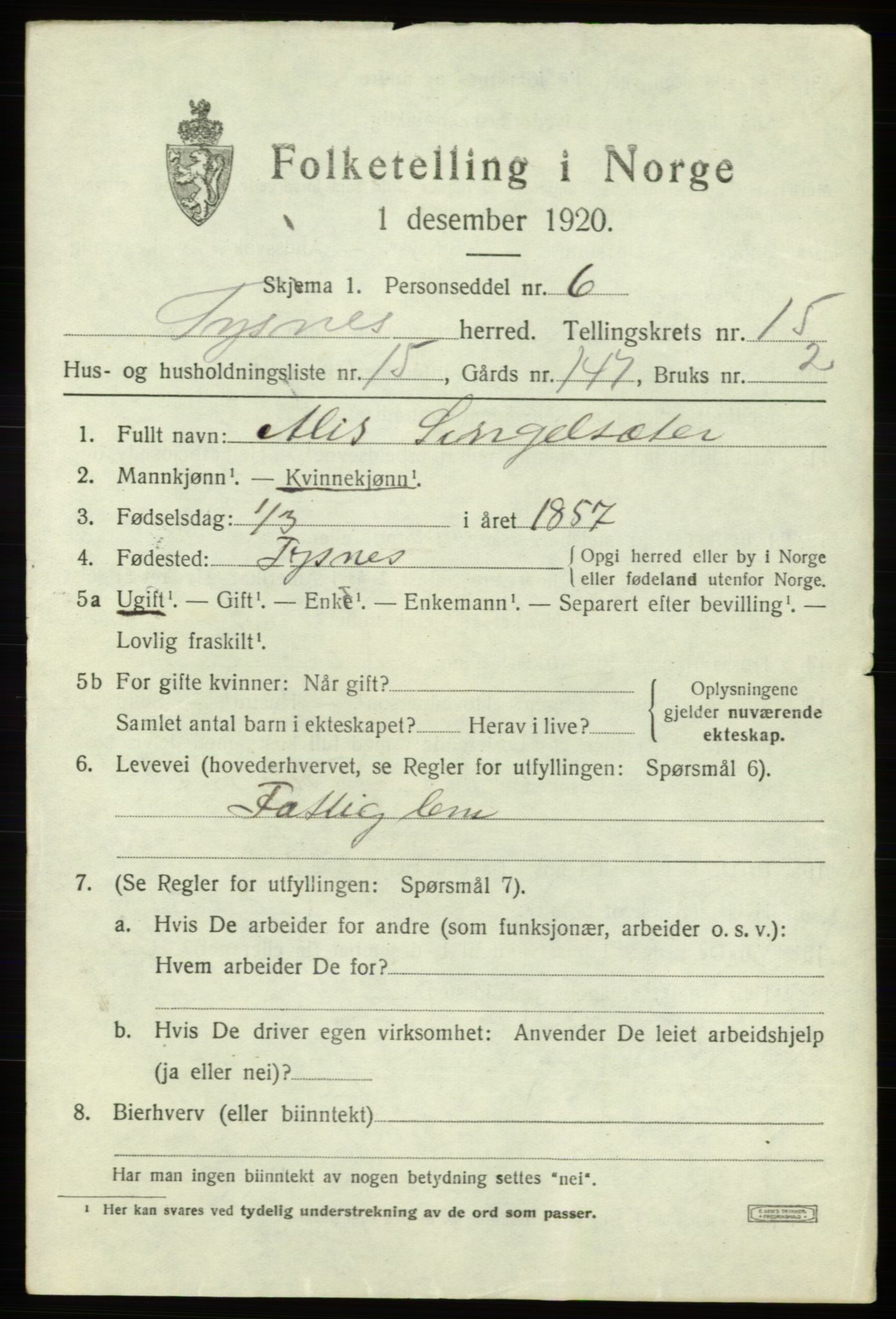 SAB, 1920 census for Tysnes, 1920, p. 10120