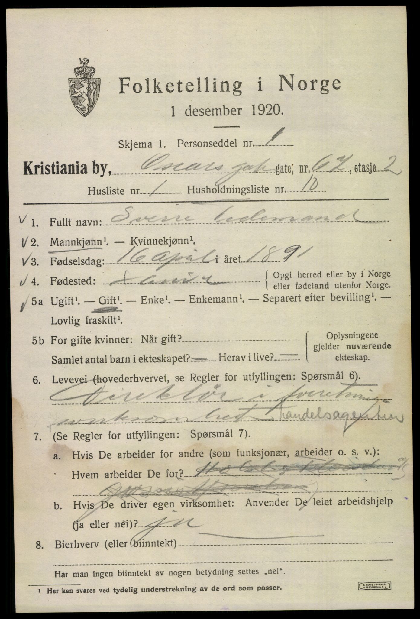 SAO, 1920 census for Kristiania, 1920, p. 438119