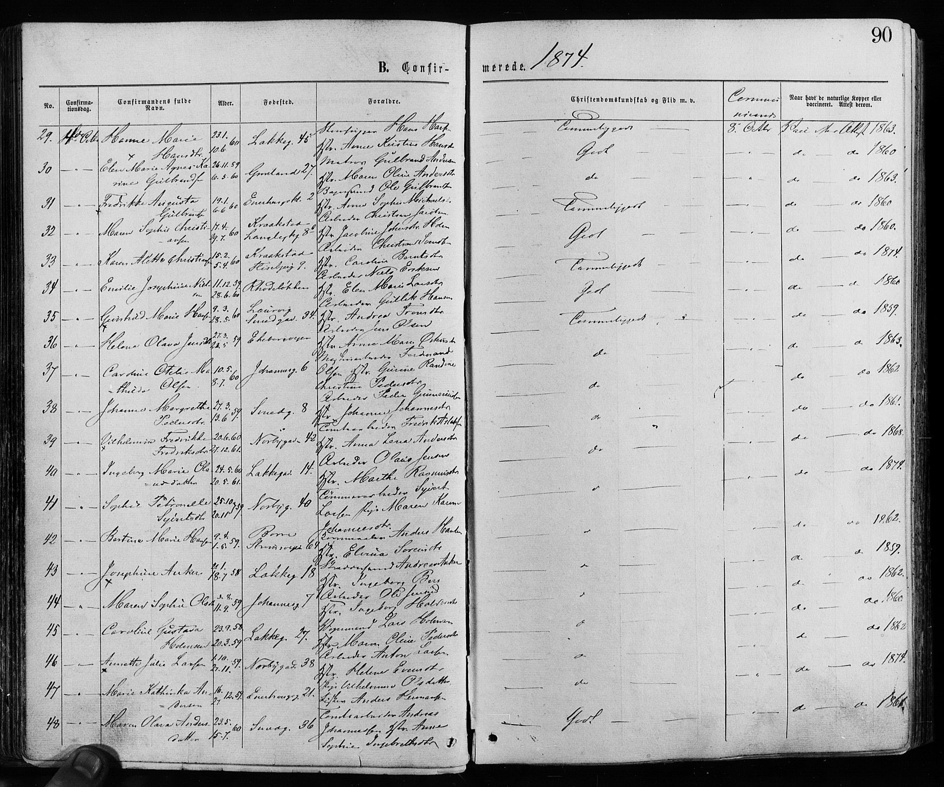 Grønland prestekontor Kirkebøker, AV/SAO-A-10848/F/Fa/L0005: Parish register (official) no. 5, 1869-1880, p. 90