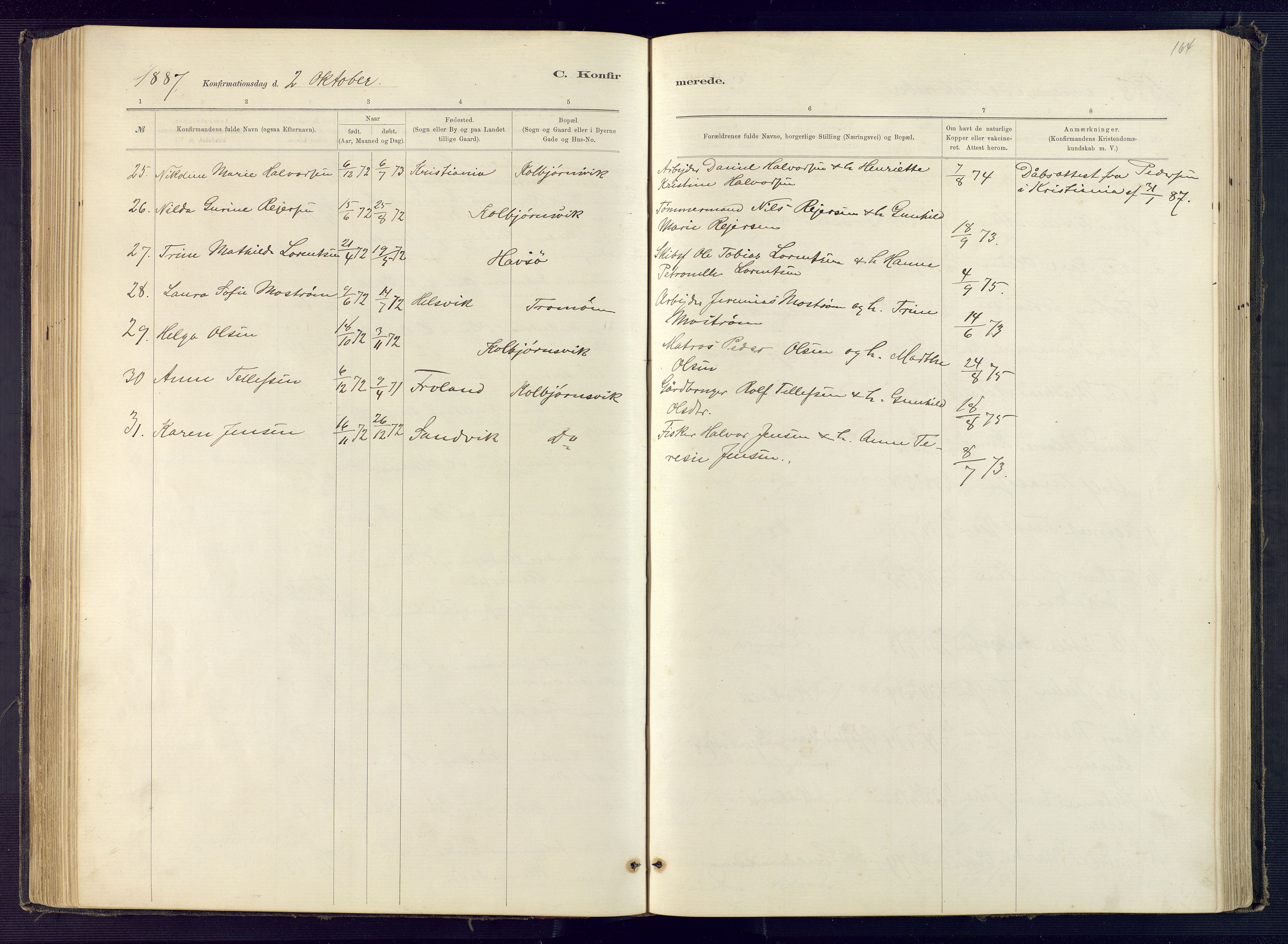 Hisøy sokneprestkontor, SAK/1111-0020/F/Fb/L0003: Parish register (copy) no. B 3, 1885-1905, p. 164