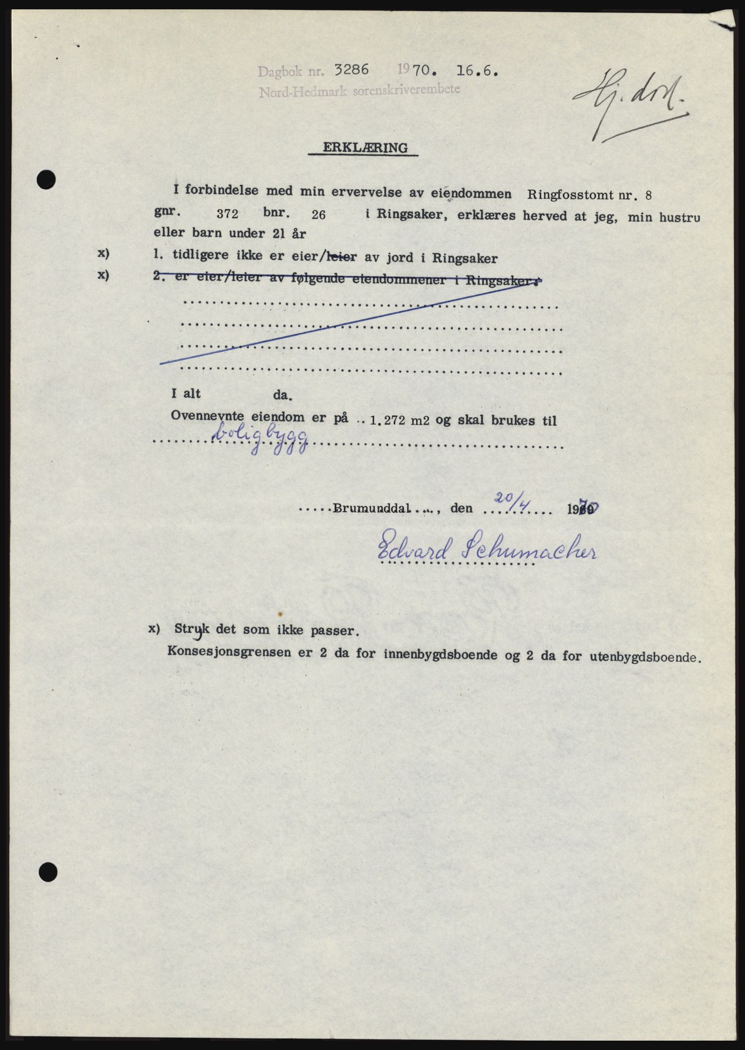 Nord-Hedmark sorenskriveri, SAH/TING-012/H/Hc/L0033: Mortgage book no. 33, 1970-1970, Diary no: : 3286/1970