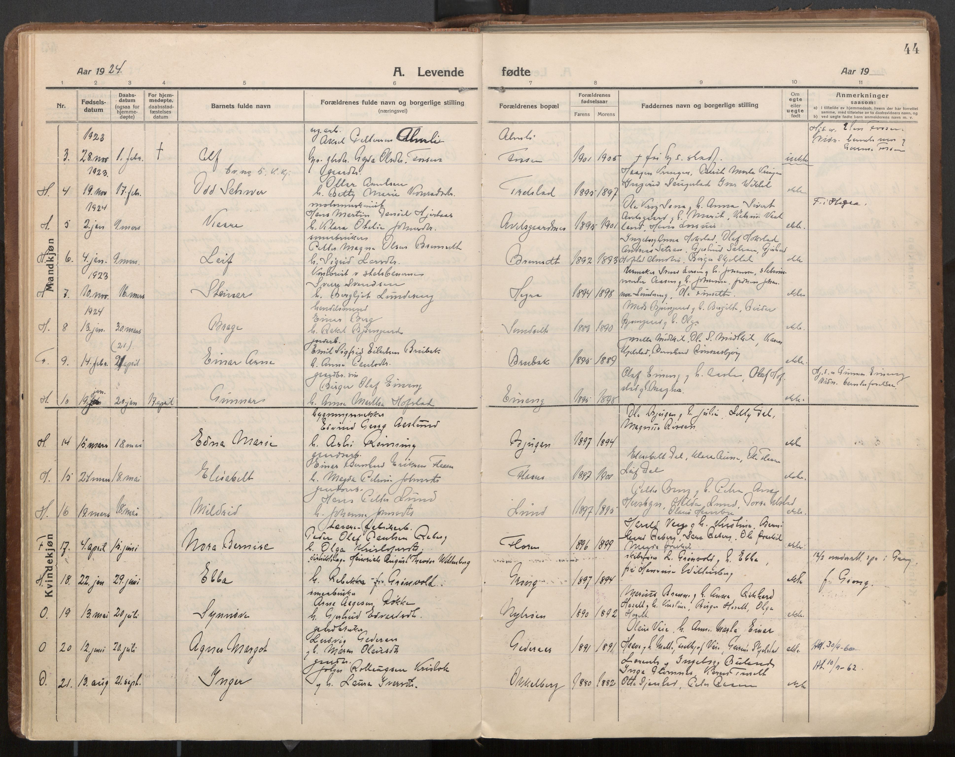 Ministerialprotokoller, klokkerbøker og fødselsregistre - Nord-Trøndelag, SAT/A-1458/703/L0037: Parish register (official) no. 703A10, 1915-1932, p. 44