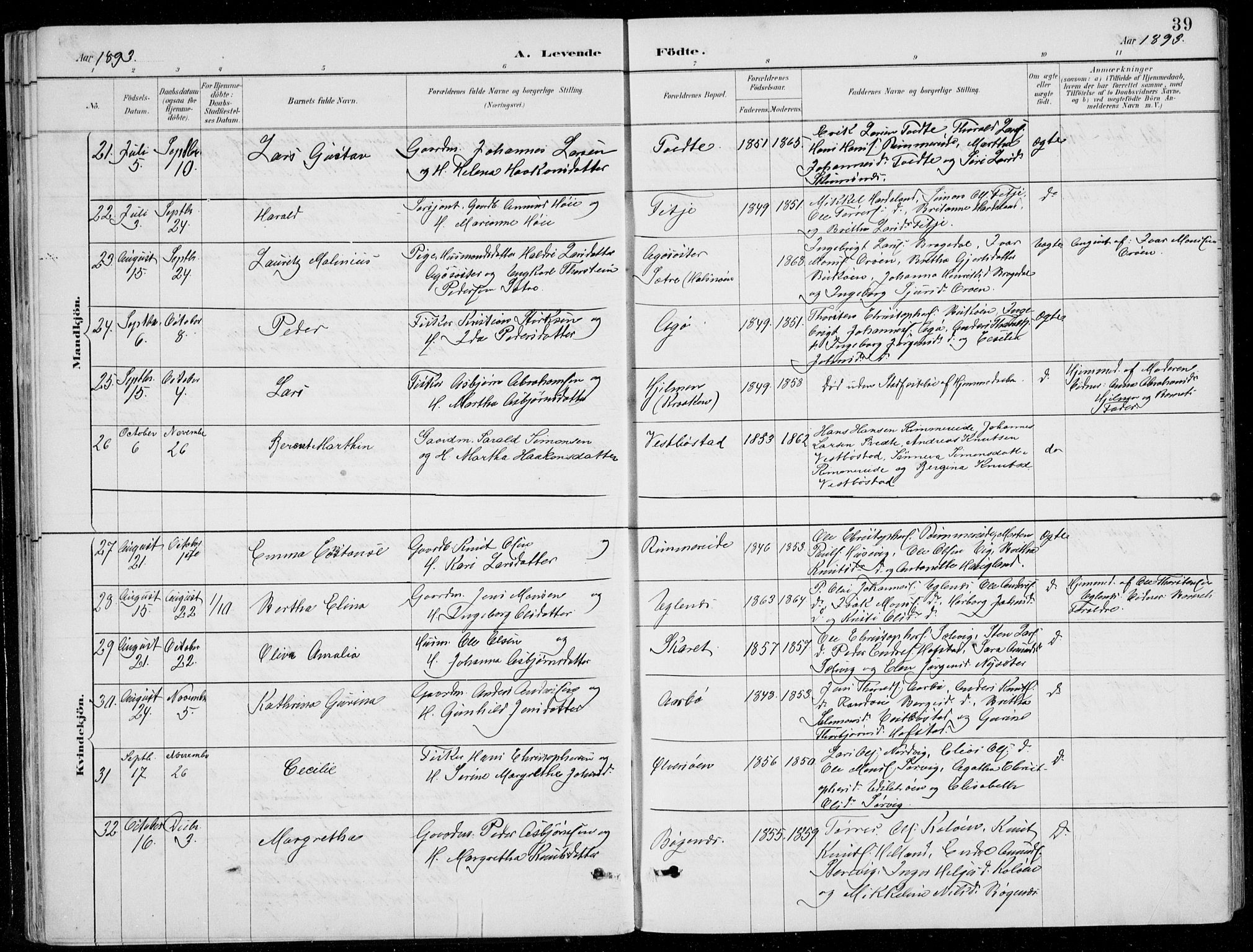 Fitjar sokneprestembete, AV/SAB-A-99926: Parish register (copy) no. A 2, 1887-1906, p. 39