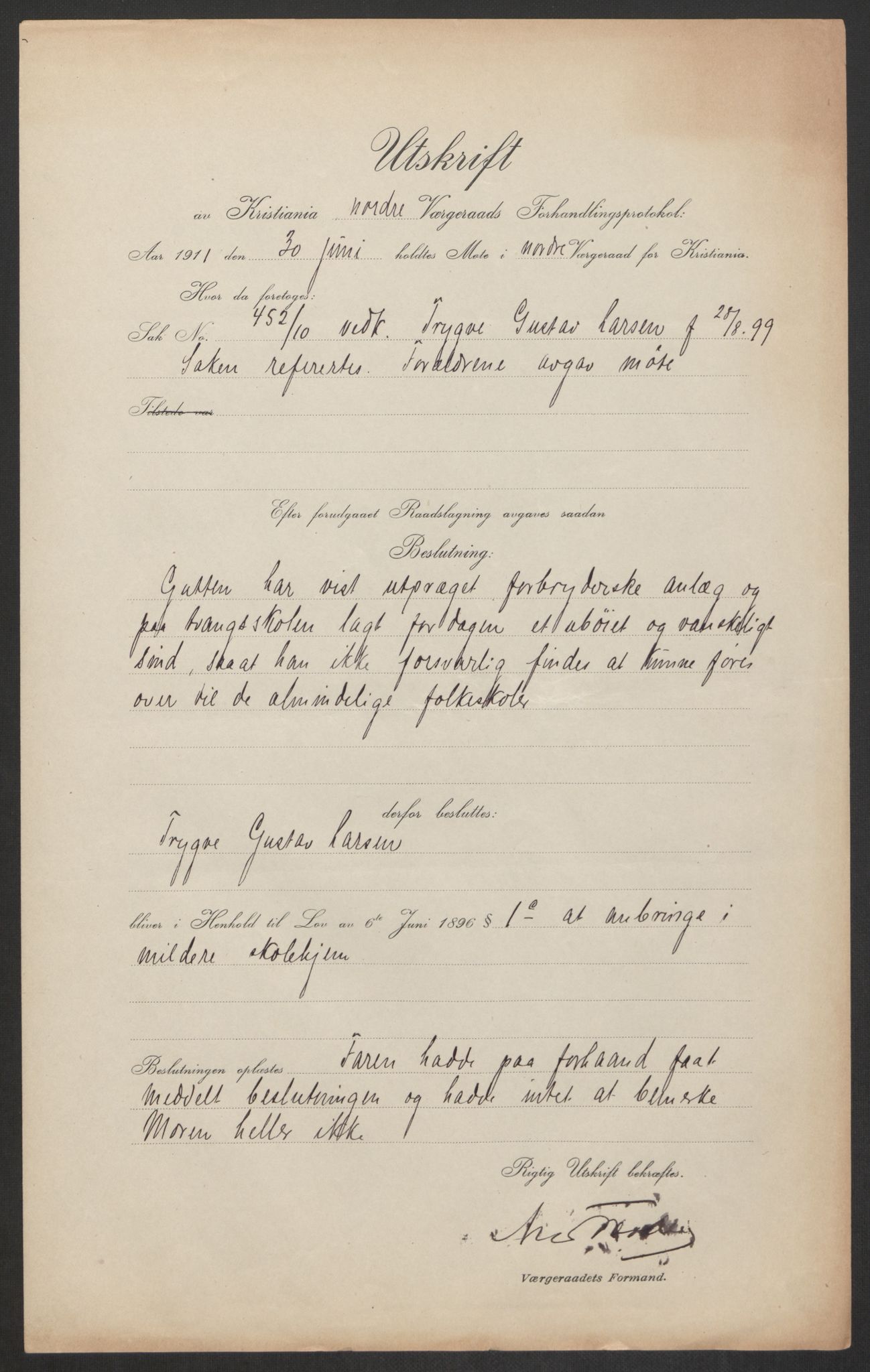 Falstad skolehjem, RA/S-1676/E/Eb/L0011: Elevmapper løpenr.. 240-260, 1911-1918, p. 47