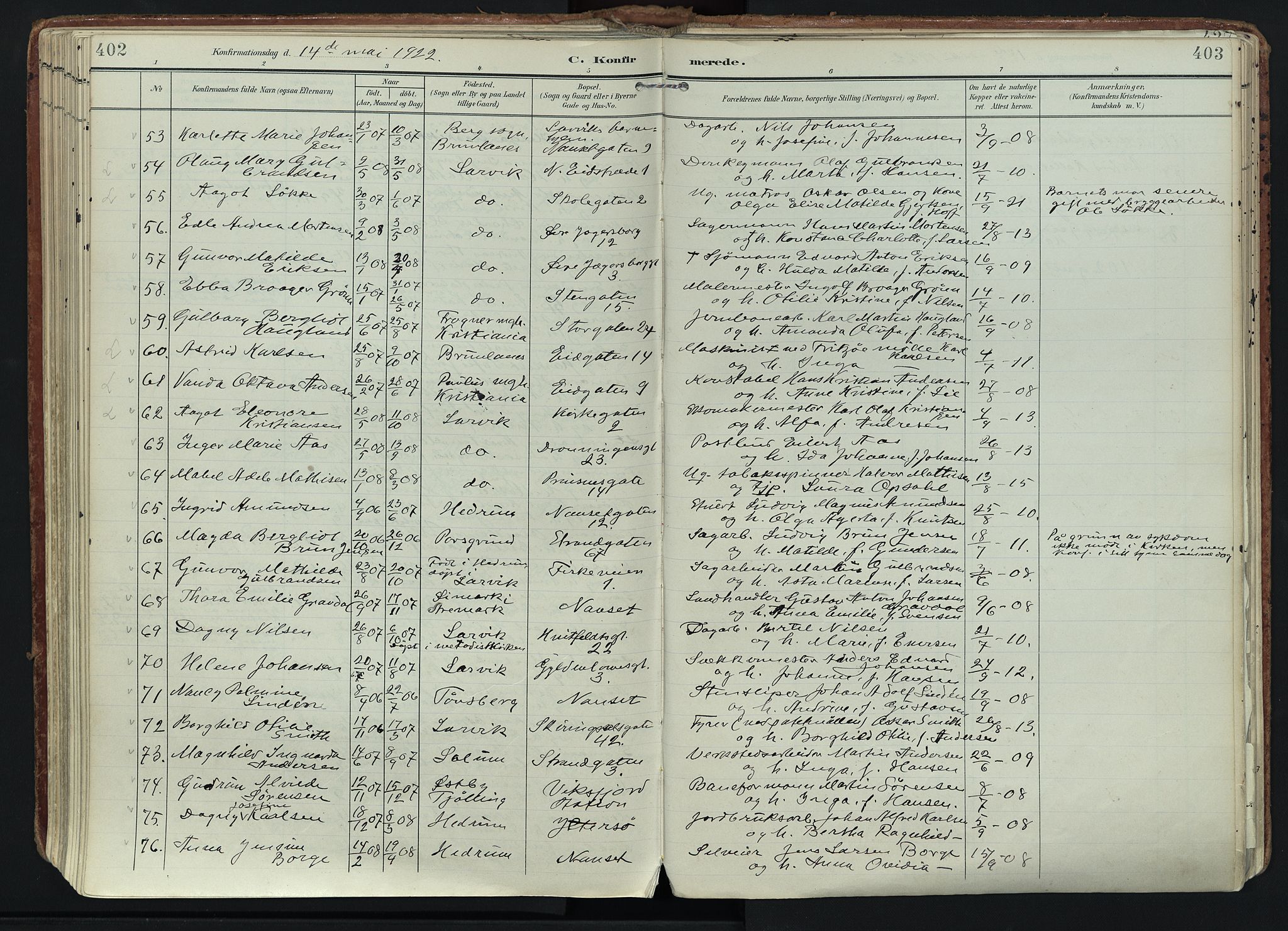Larvik kirkebøker, SAKO/A-352/F/Fa/L0011: Parish register (official) no. I 11, 1902-1922, p. 402-403