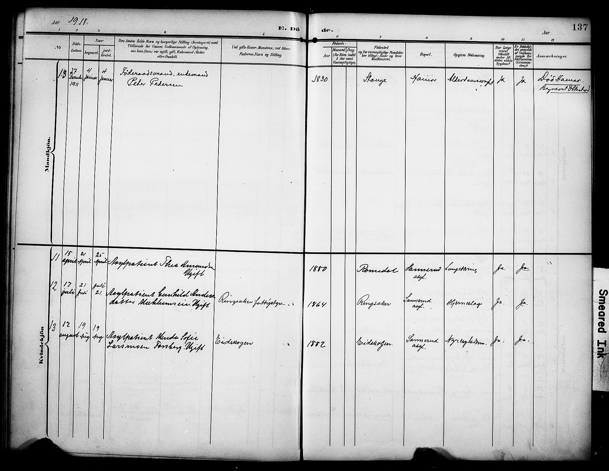 Stange prestekontor, AV/SAH-PREST-002/K/L0022: Parish register (official) no. 22, 1903-1914, p. 137