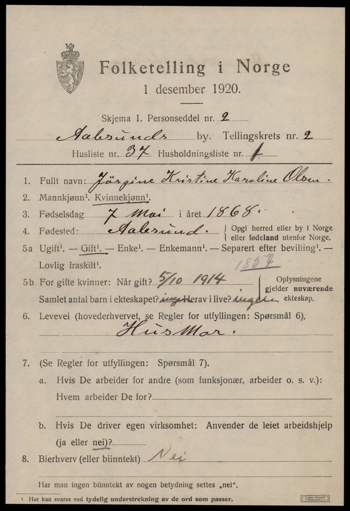 SAT, 1920 census for Ålesund, 1920, p. 11888