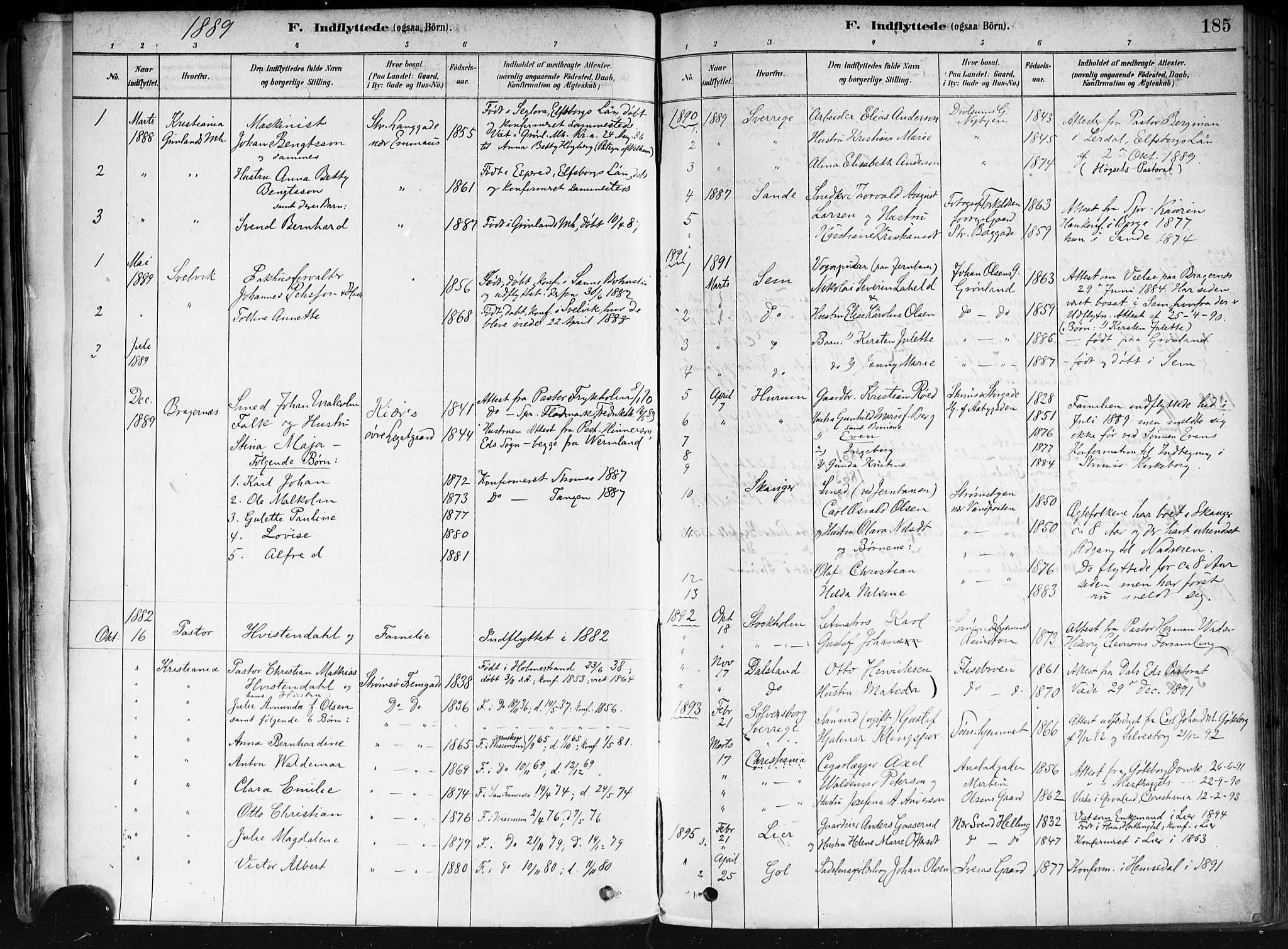 Strømsø kirkebøker, AV/SAKO-A-246/F/Fa/L0022: Parish register (official) no. I 22, 1879-1899, p. 185