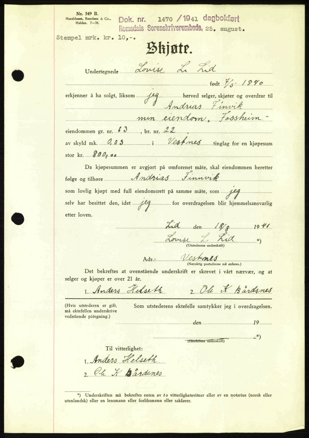 Romsdal sorenskriveri, AV/SAT-A-4149/1/2/2C: Mortgage book no. A10, 1941-1941, Diary no: : 1470/1941