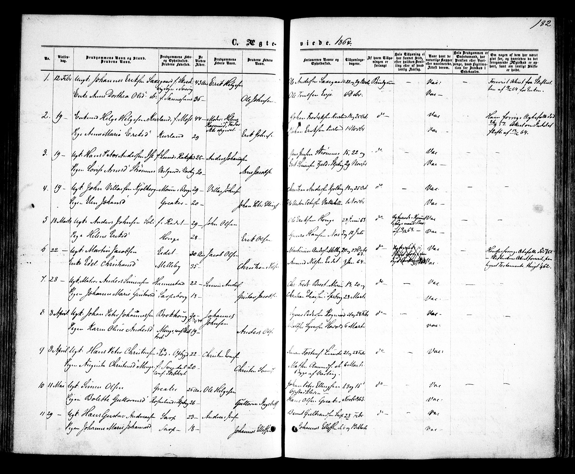 Tune prestekontor Kirkebøker, SAO/A-2007/F/Fa/L0014: Parish register (official) no. 14, 1864-1868, p. 182