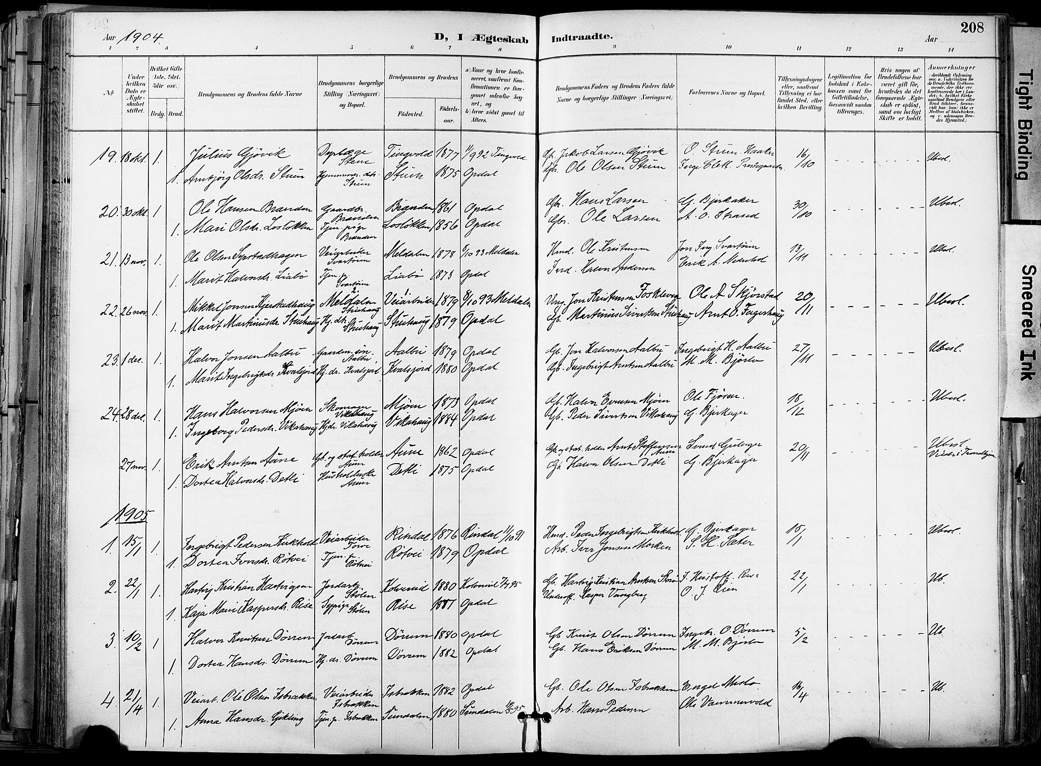 Ministerialprotokoller, klokkerbøker og fødselsregistre - Sør-Trøndelag, AV/SAT-A-1456/678/L0902: Parish register (official) no. 678A11, 1895-1911, p. 208