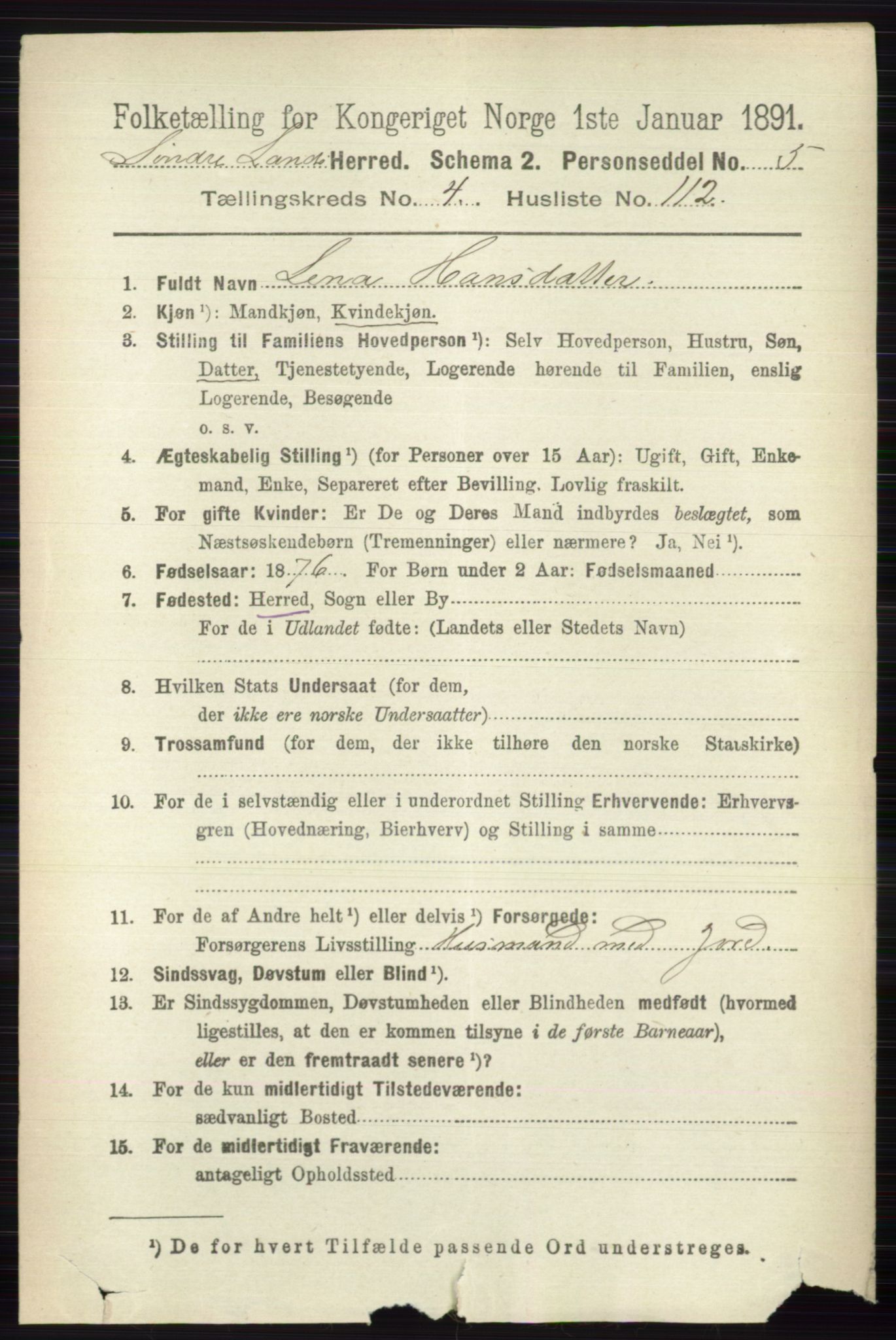 RA, 1891 census for 0536 Søndre Land, 1891, p. 4655