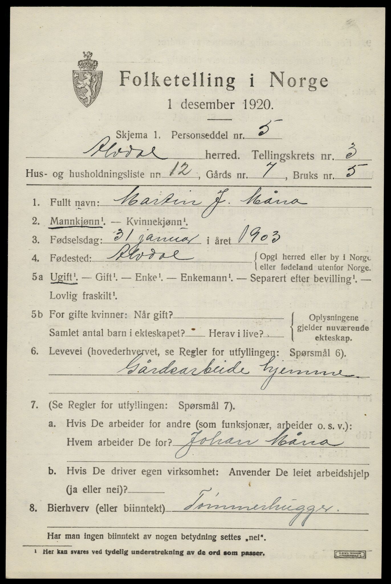 SAH, 1920 census for Alvdal, 1920, p. 1818