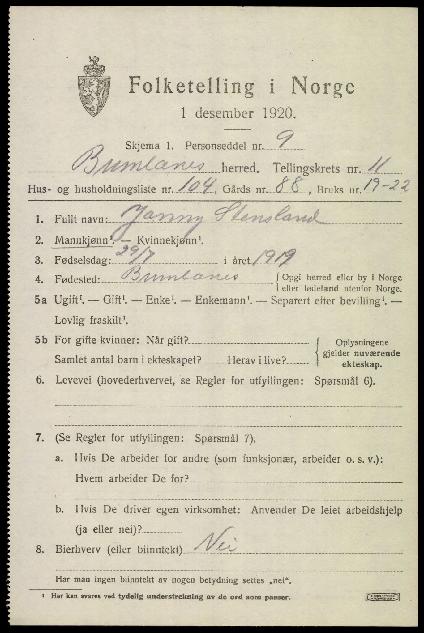 SAKO, 1920 census for Brunlanes, 1920, p. 10477