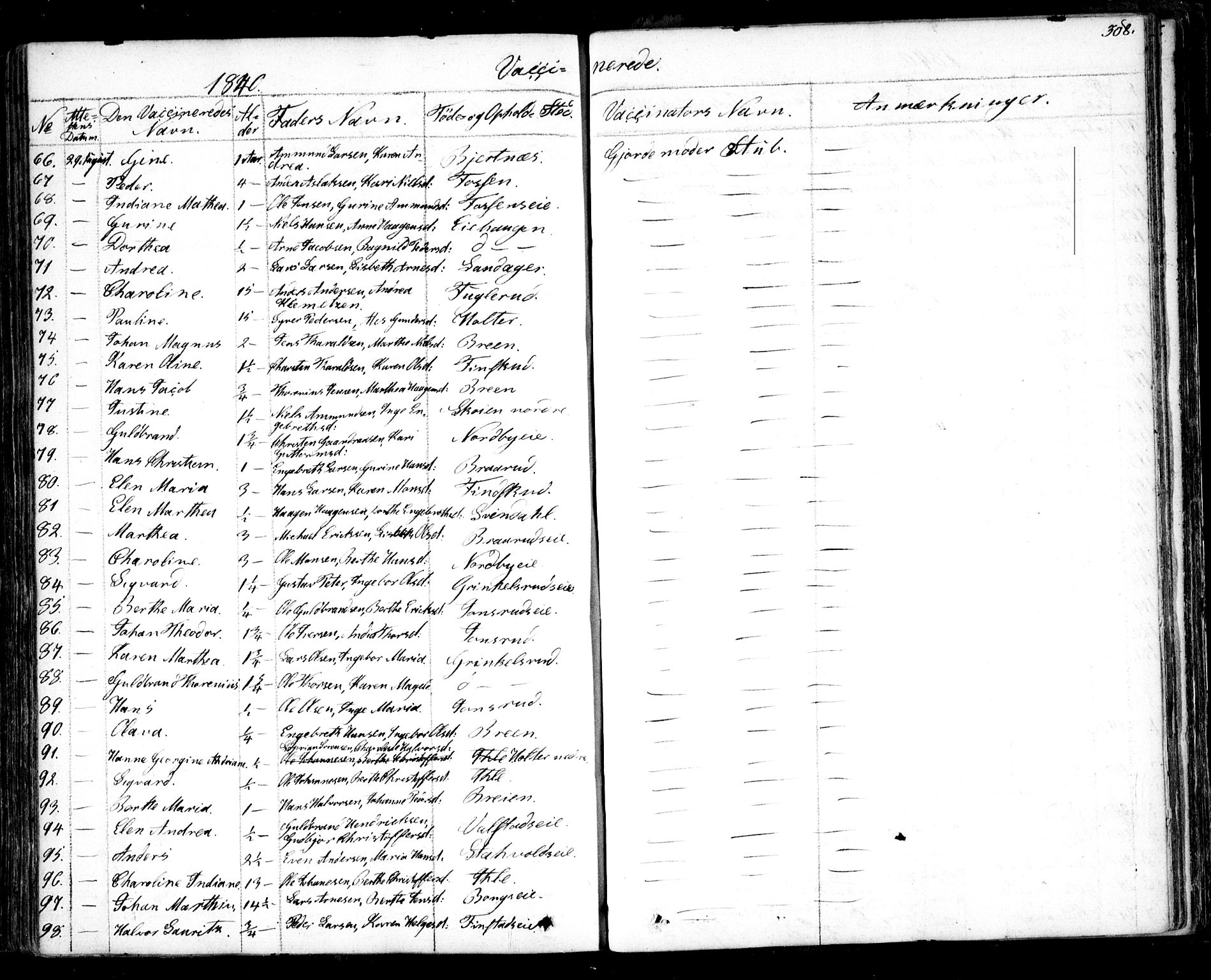 Nes prestekontor Kirkebøker, SAO/A-10410/F/Fa/L0006: Parish register (official) no. I 6, 1833-1845, p. 308