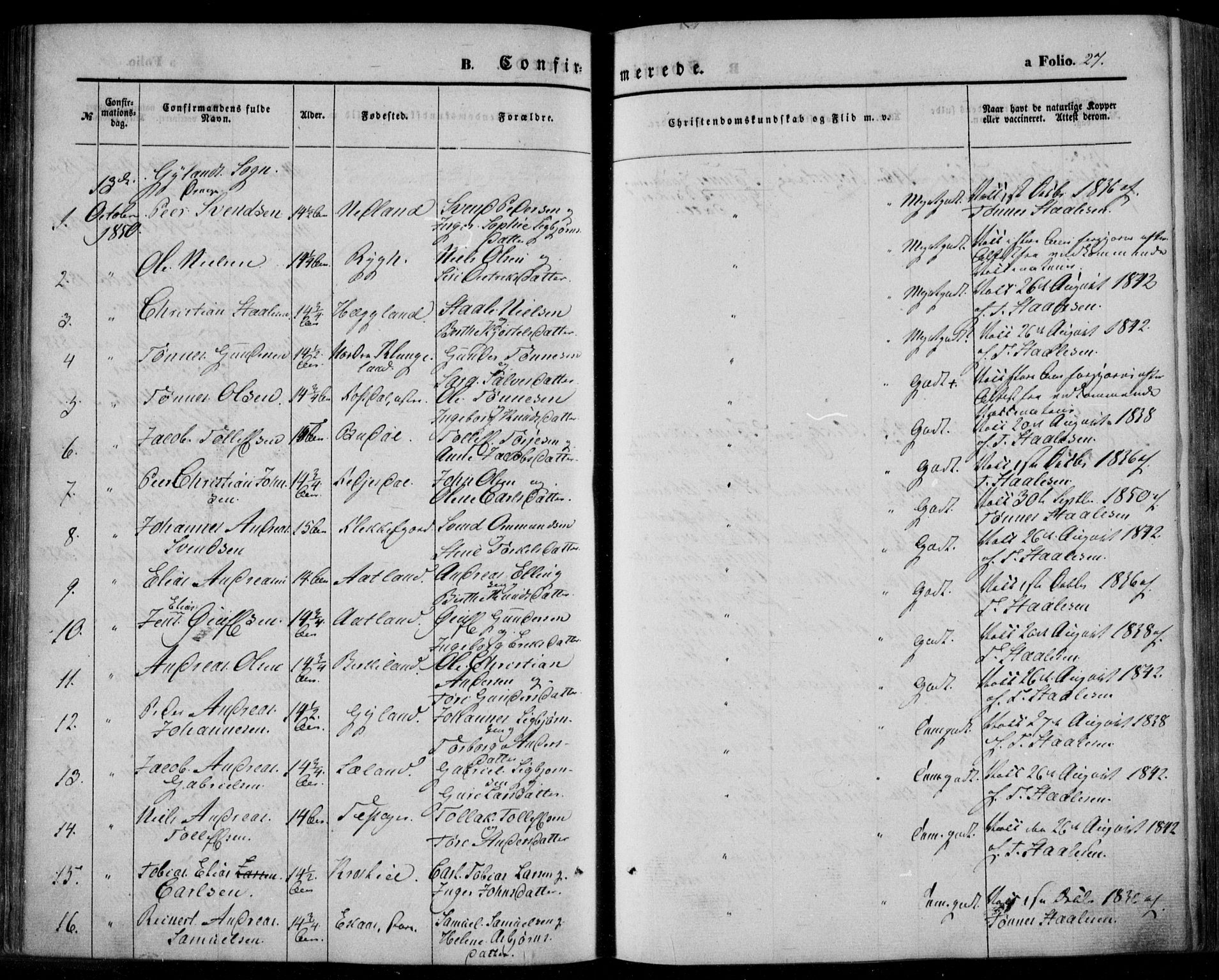 Bakke sokneprestkontor, AV/SAK-1111-0002/F/Fa/Faa/L0005: Parish register (official) no. A 5, 1847-1855, p. 27