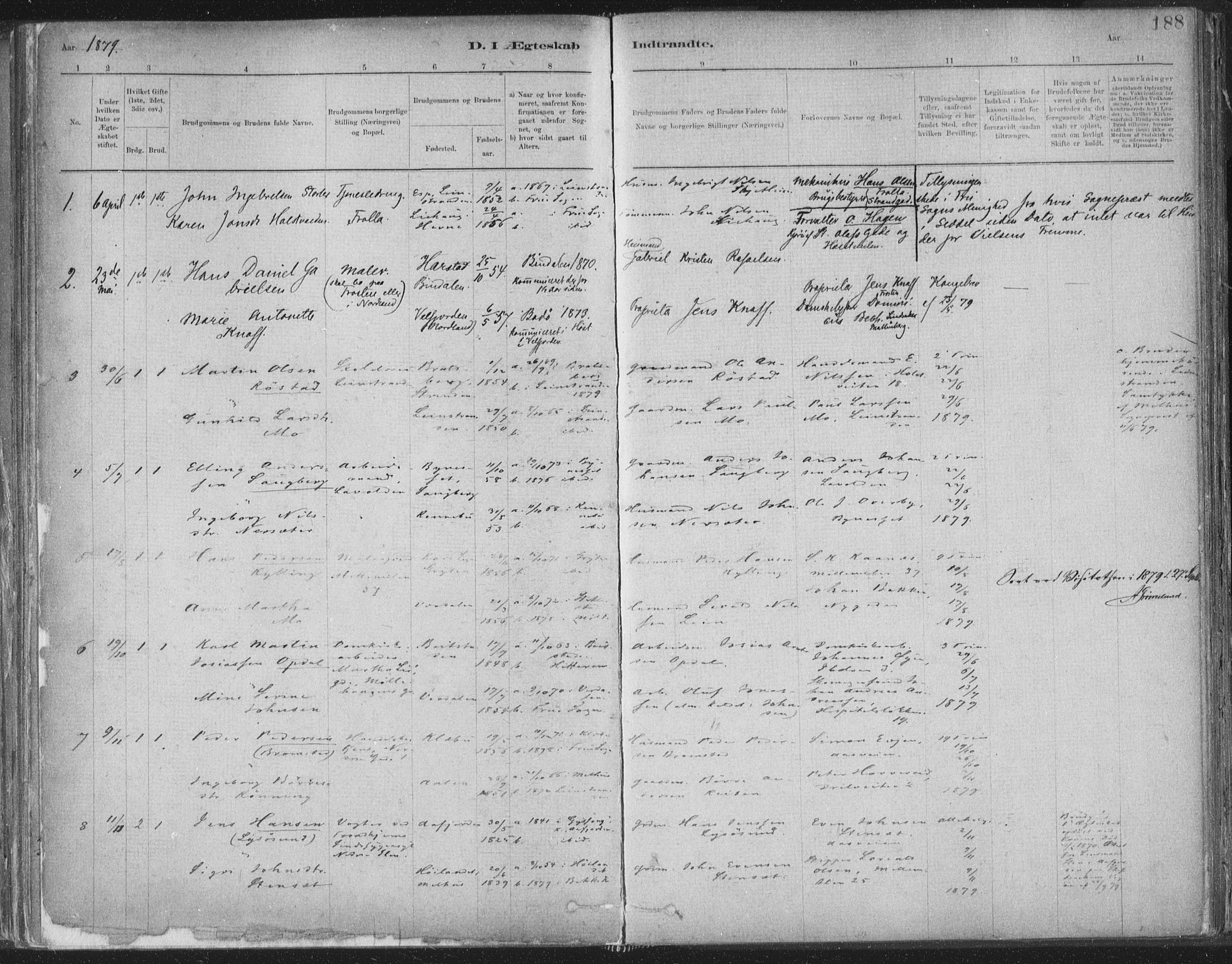 Ministerialprotokoller, klokkerbøker og fødselsregistre - Sør-Trøndelag, SAT/A-1456/603/L0162: Parish register (official) no. 603A01, 1879-1895, p. 188
