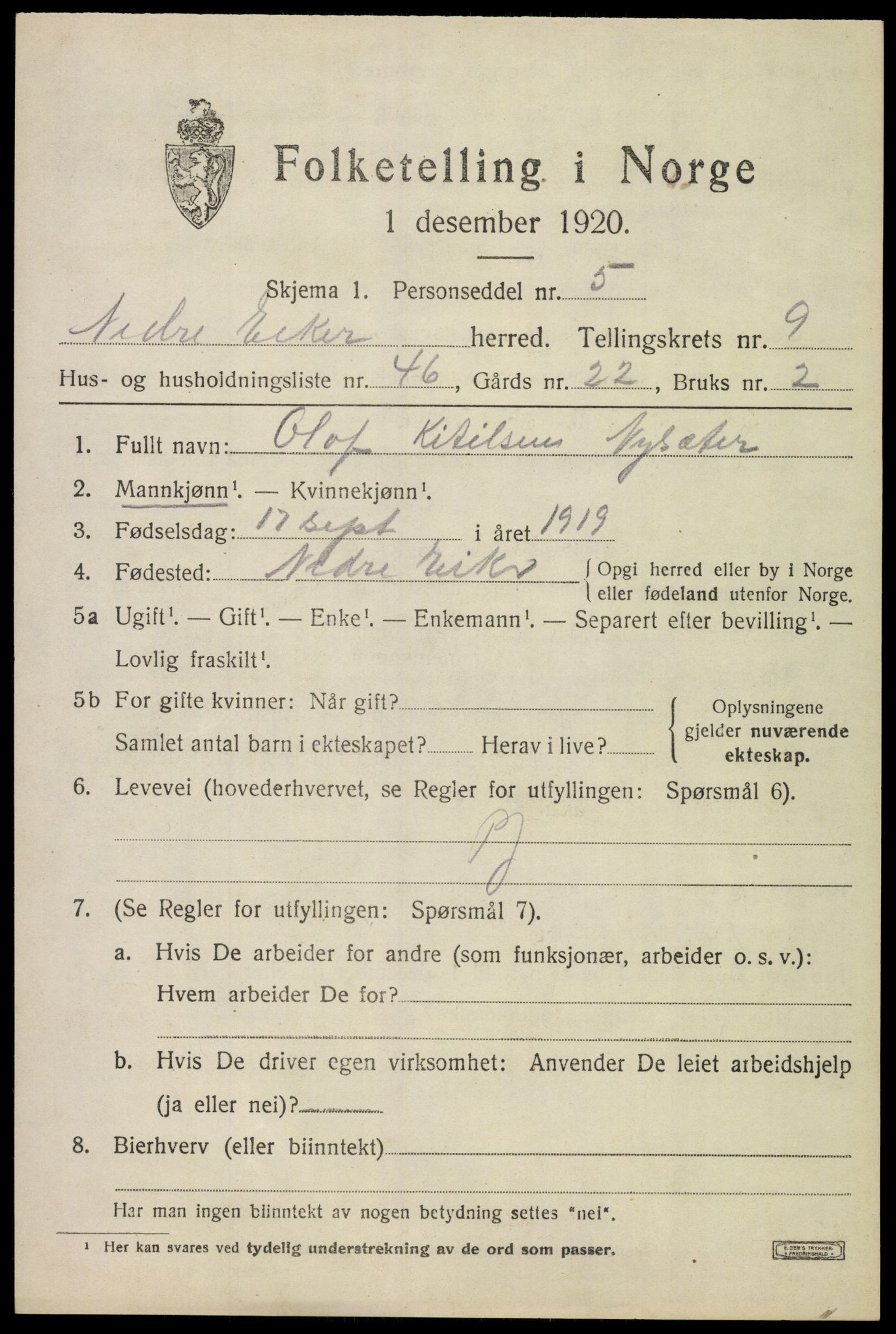 SAKO, 1920 census for Nedre Eiker, 1920, p. 9891