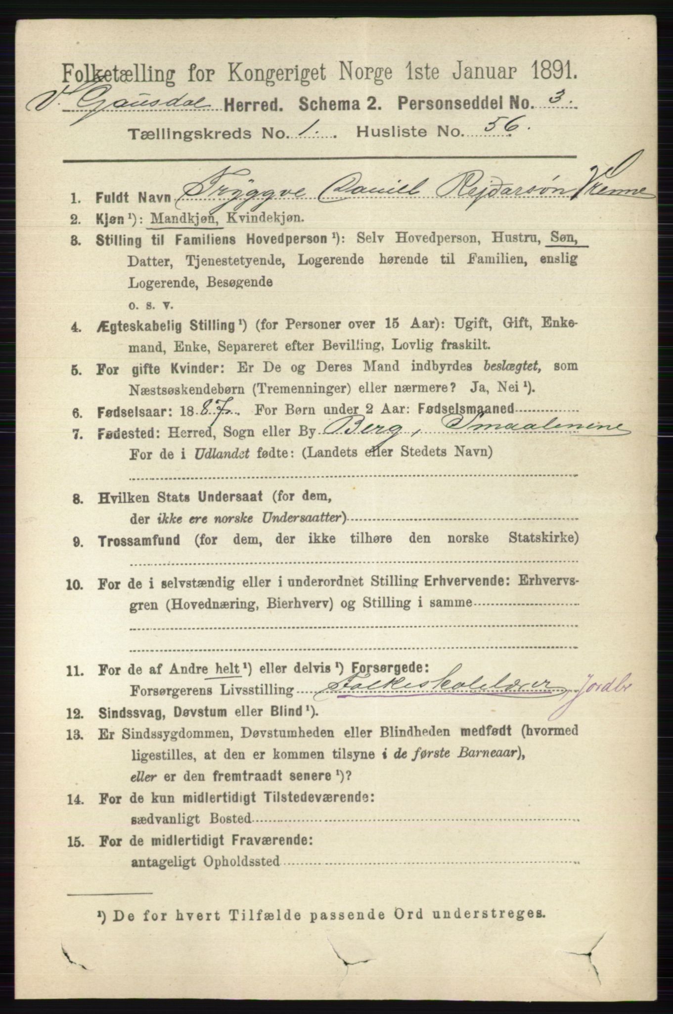 RA, 1891 census for 0523 Vestre Gausdal, 1891, p. 380