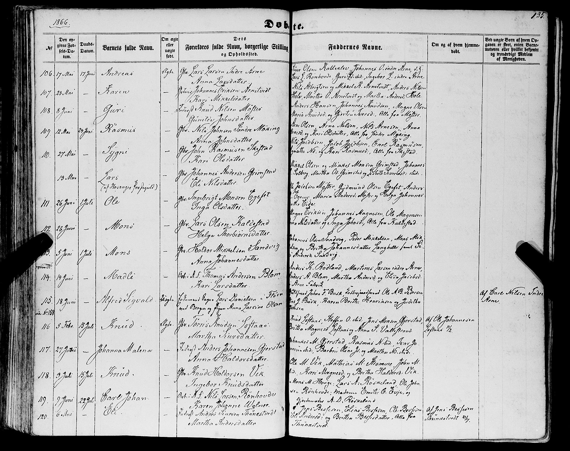 Haus sokneprestembete, AV/SAB-A-75601/H/Haa: Parish register (official) no. A 17, 1858-1870, p. 135