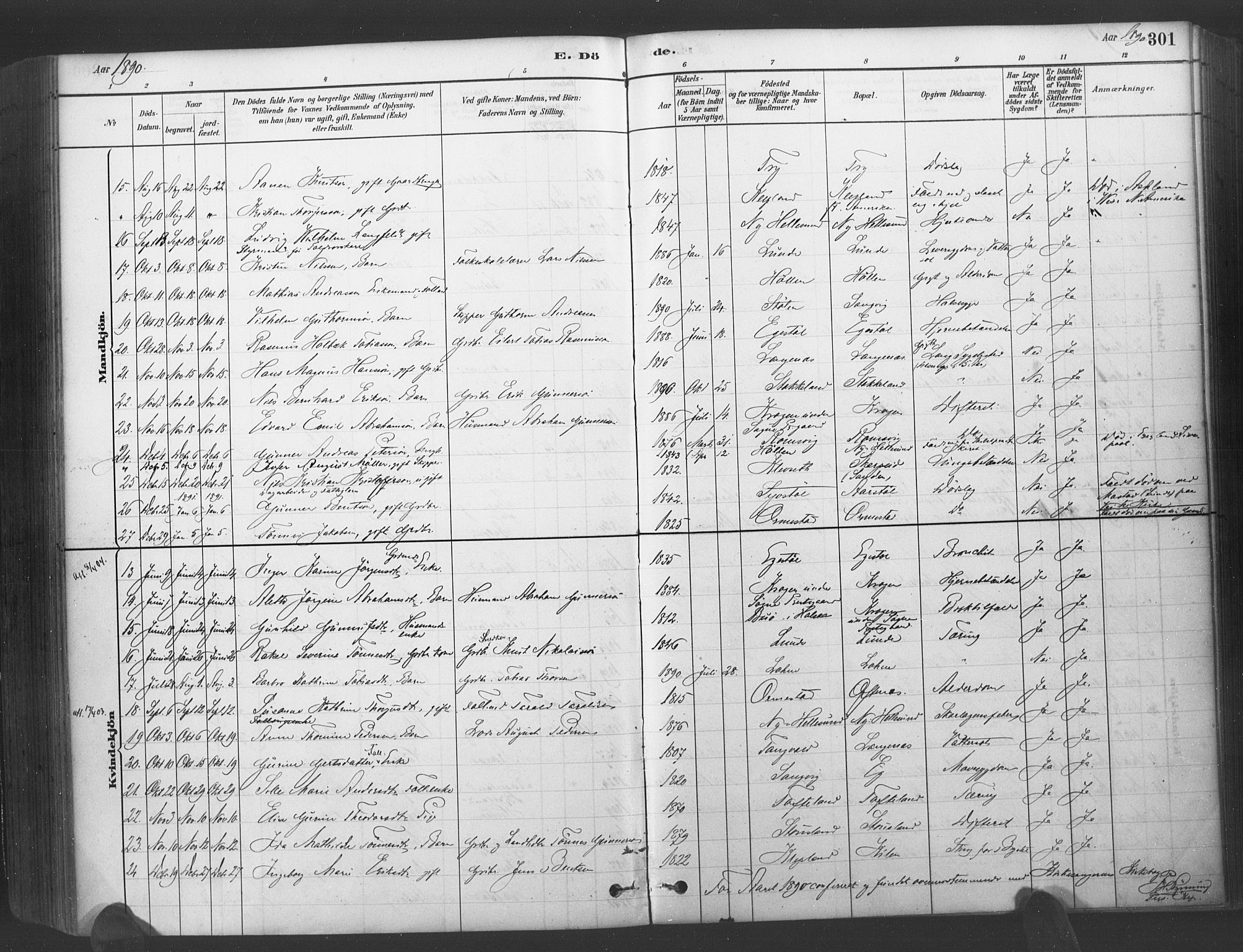 Søgne sokneprestkontor, SAK/1111-0037/F/Fa/Fab/L0012: Parish register (official) no. A 12, 1880-1891, p. 301