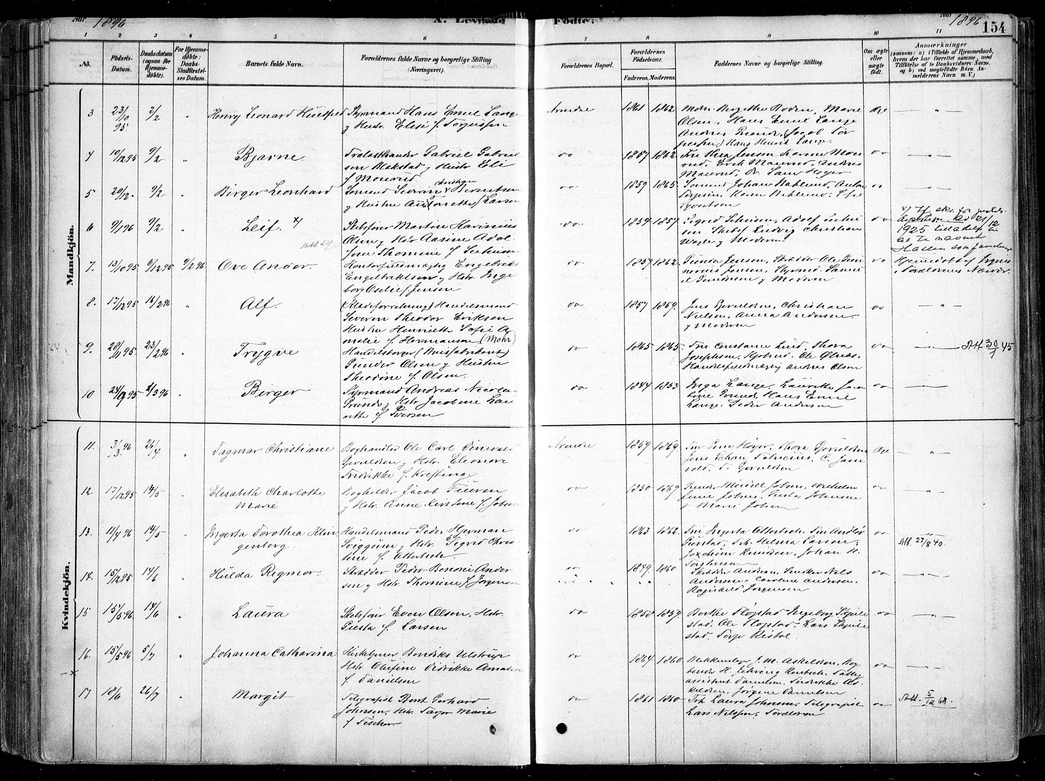 Arendal sokneprestkontor, Trefoldighet, AV/SAK-1111-0040/F/Fa/L0008: Parish register (official) no. A 8, 1878-1899, p. 154