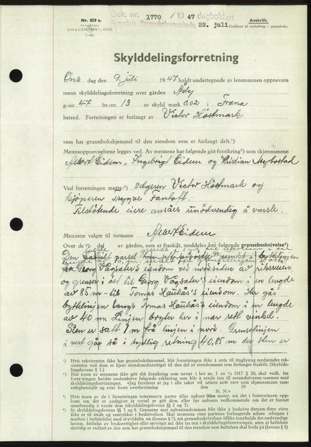 Romsdal sorenskriveri, AV/SAT-A-4149/1/2/2C: Mortgage book no. A23, 1947-1947, Diary no: : 1770/1947