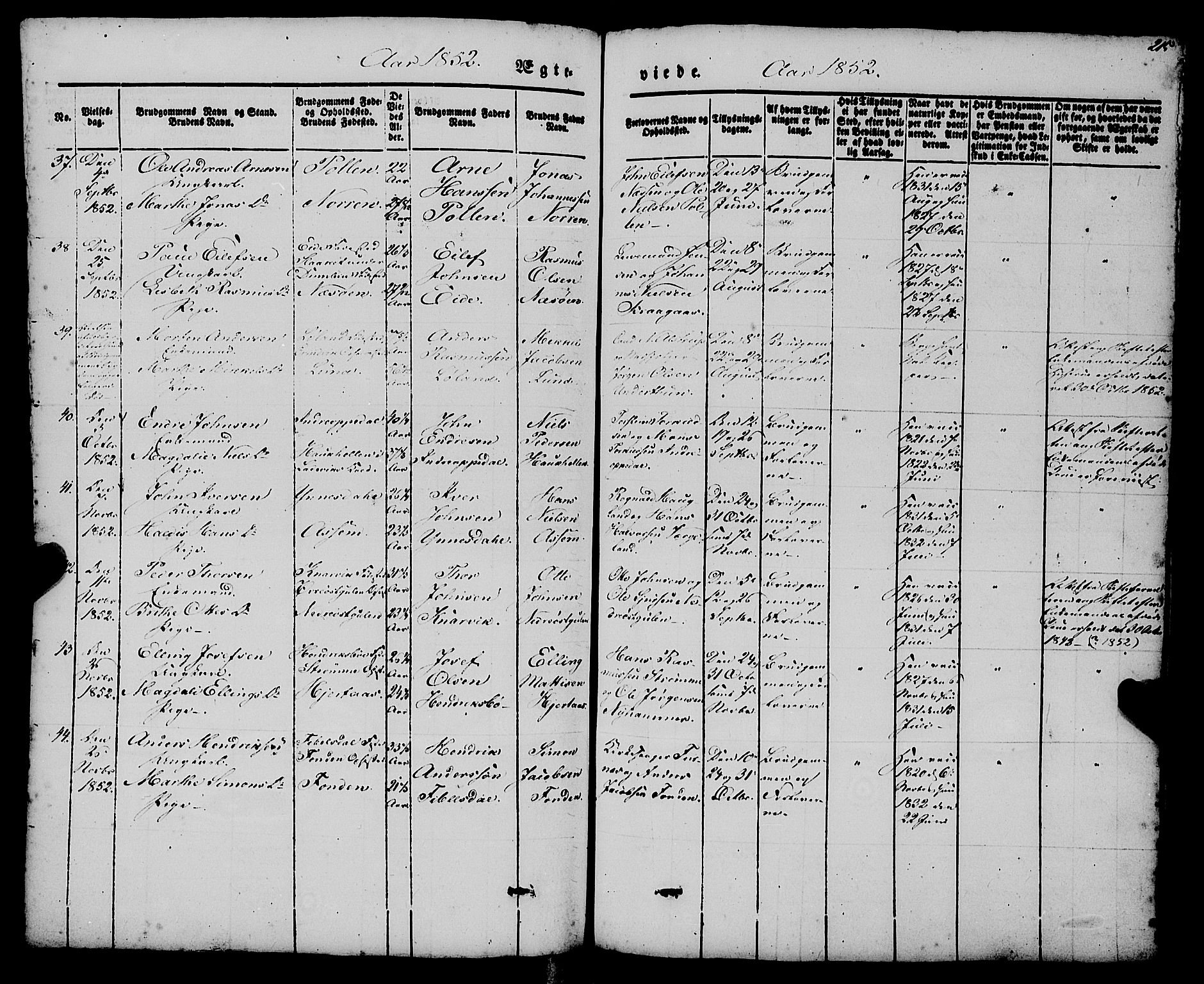 Gulen sokneprestembete, AV/SAB-A-80201/H/Haa/Haaa/L0021: Parish register (official) no. A 21, 1848-1858, p. 215