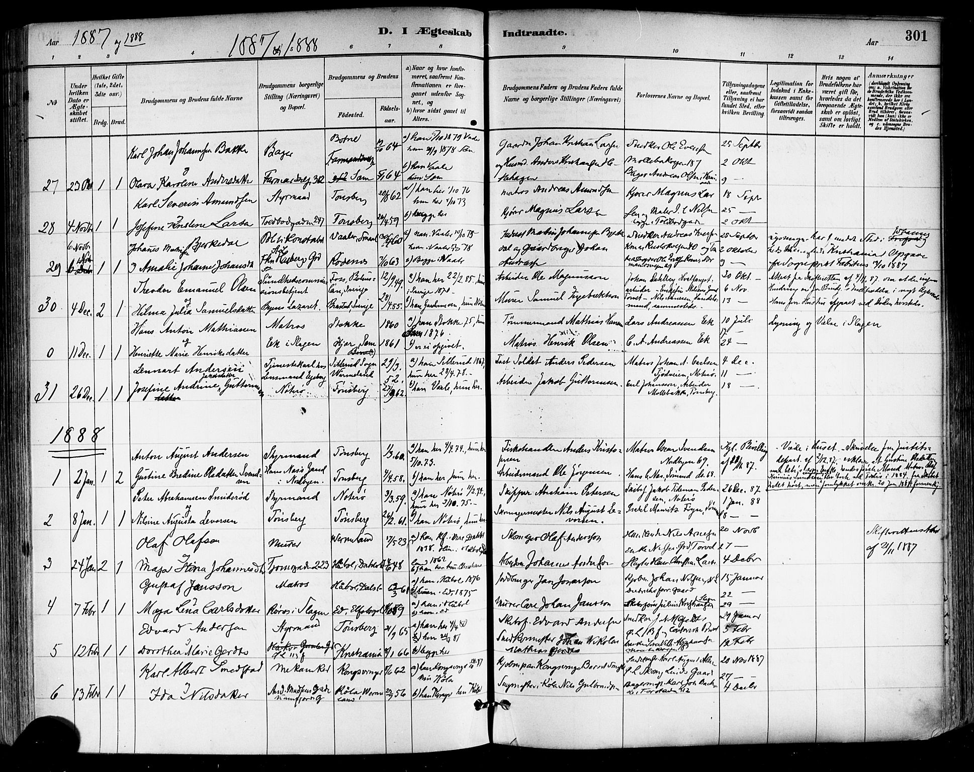 Tønsberg kirkebøker, SAKO/A-330/F/Fa/L0011: Parish register (official) no. I 11, 1881-1890, p. 301