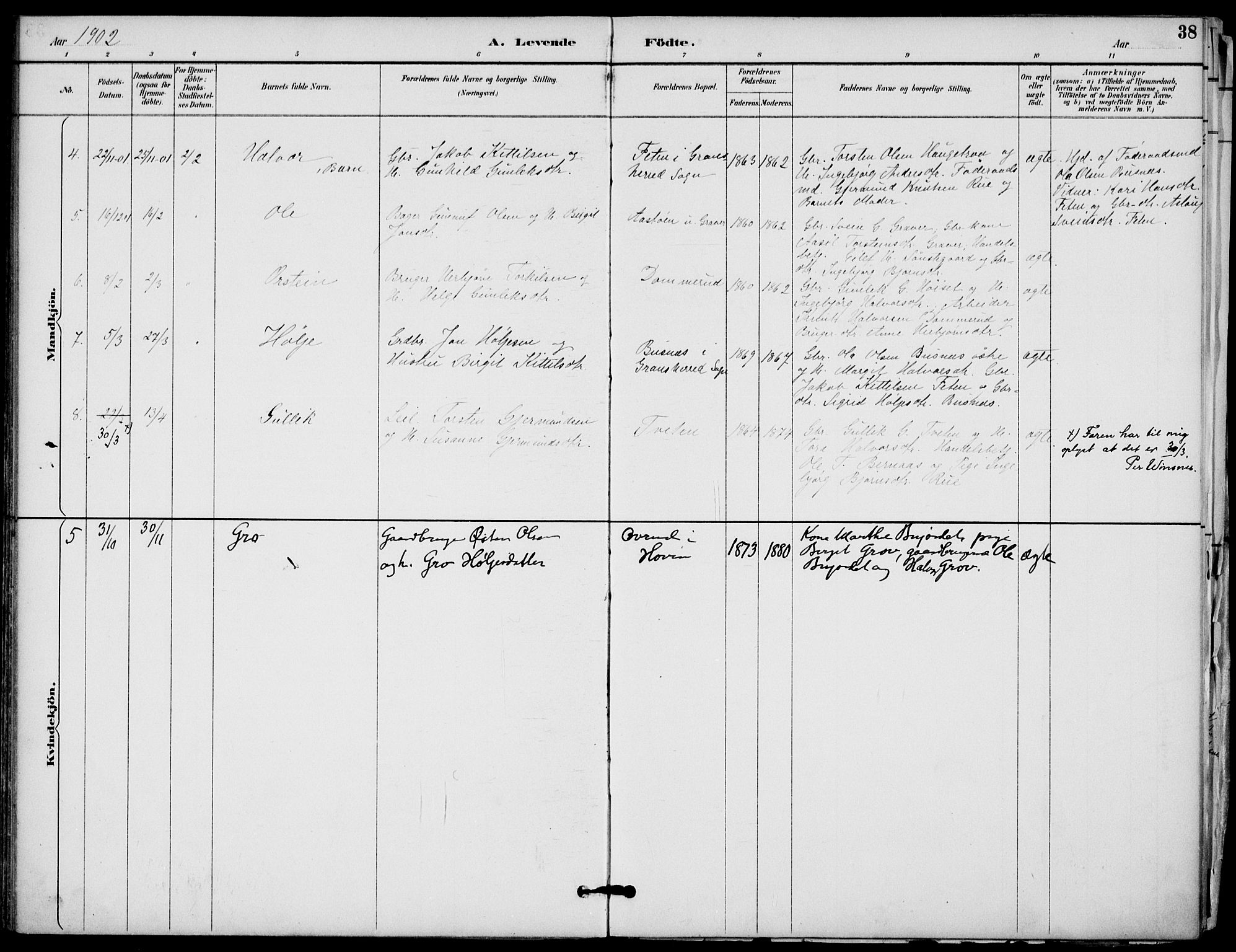 Gransherad kirkebøker, SAKO/A-267/F/Fb/L0005: Parish register (official) no. II 5, 1887-1916, p. 38