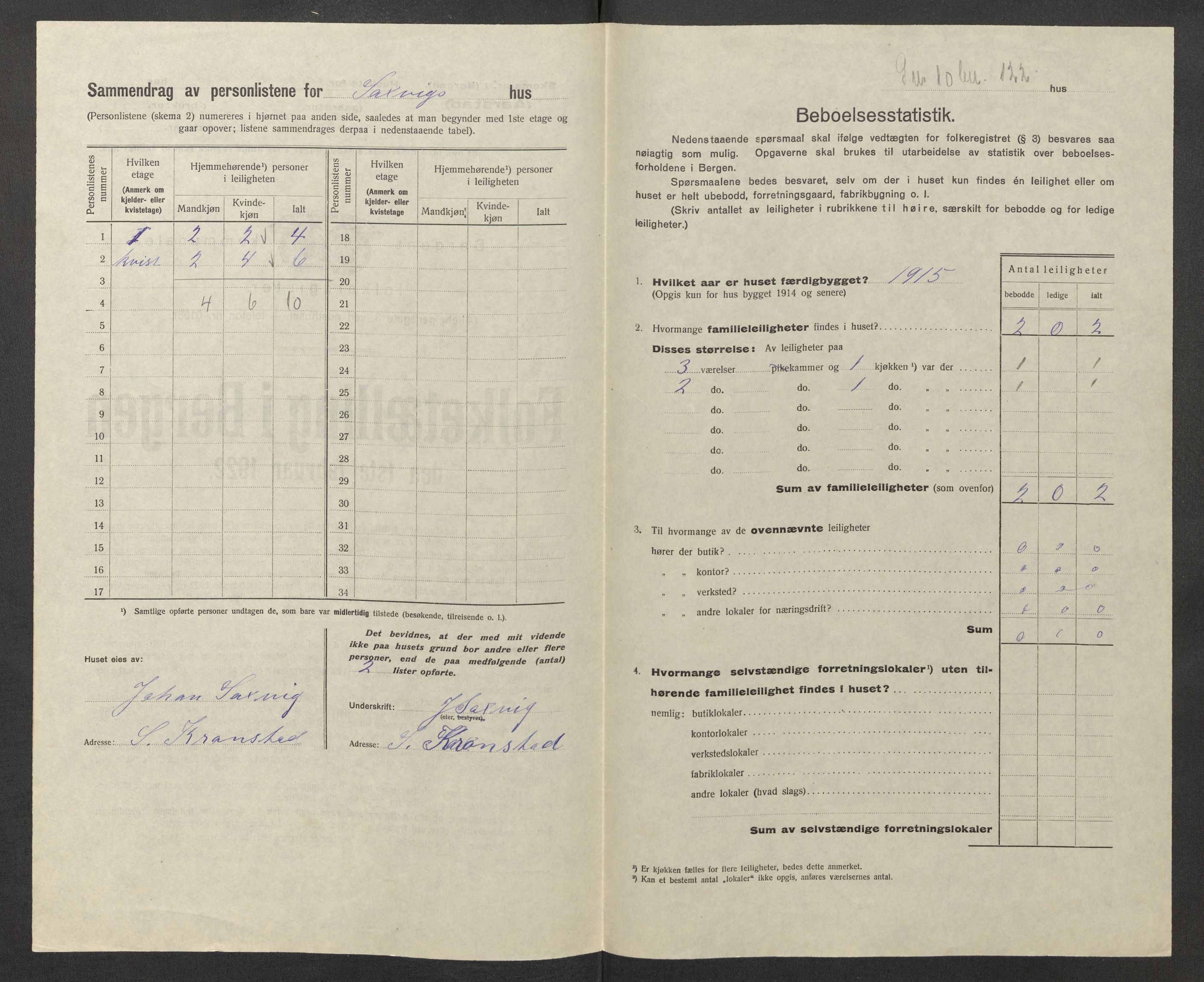 SAB, Municipal Census 1922 for Bergen, 1922, p. 60172