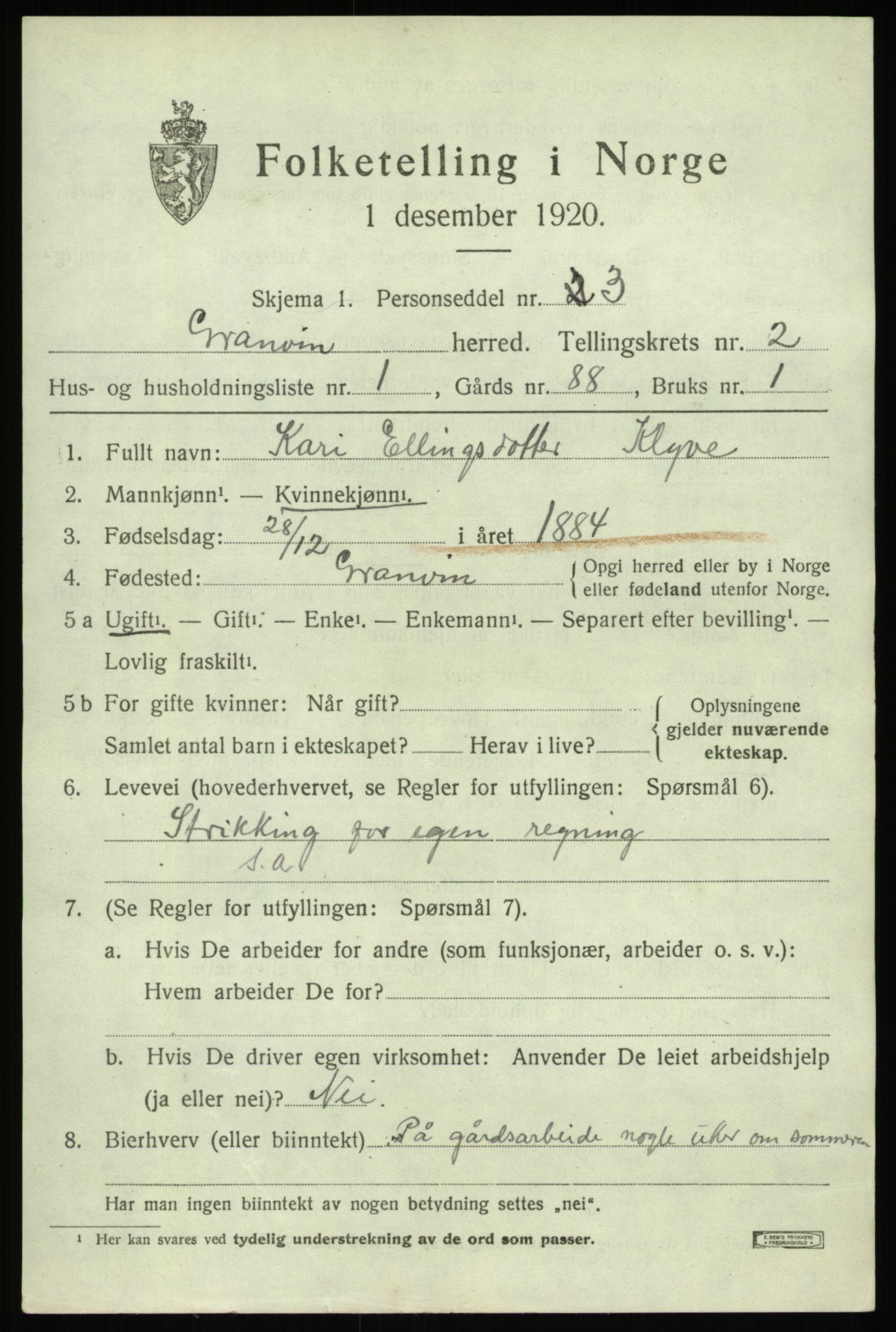 SAB, 1920 census for Granvin, 1920, p. 640