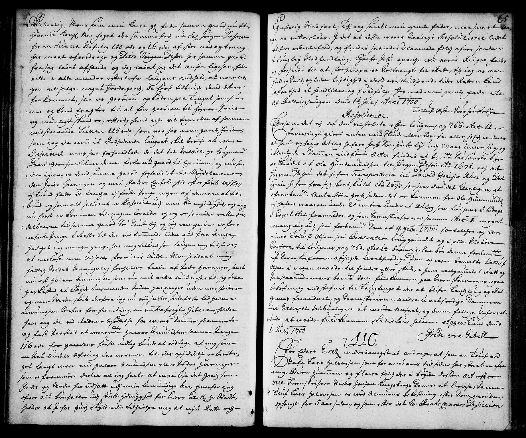 Stattholderembetet 1572-1771, AV/RA-EA-2870/Ad/L0006: Supplikasjons- og resolusjonsprotokoll, 1699-1706, p. 64b-65a