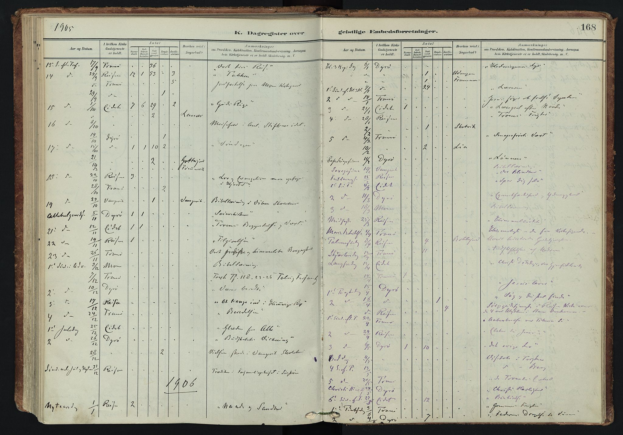 Tranøy sokneprestkontor, AV/SATØ-S-1313/I/Ia/Iaa/L0014kirke: Parish register (official) no. 14, 1905-1919, p. 168