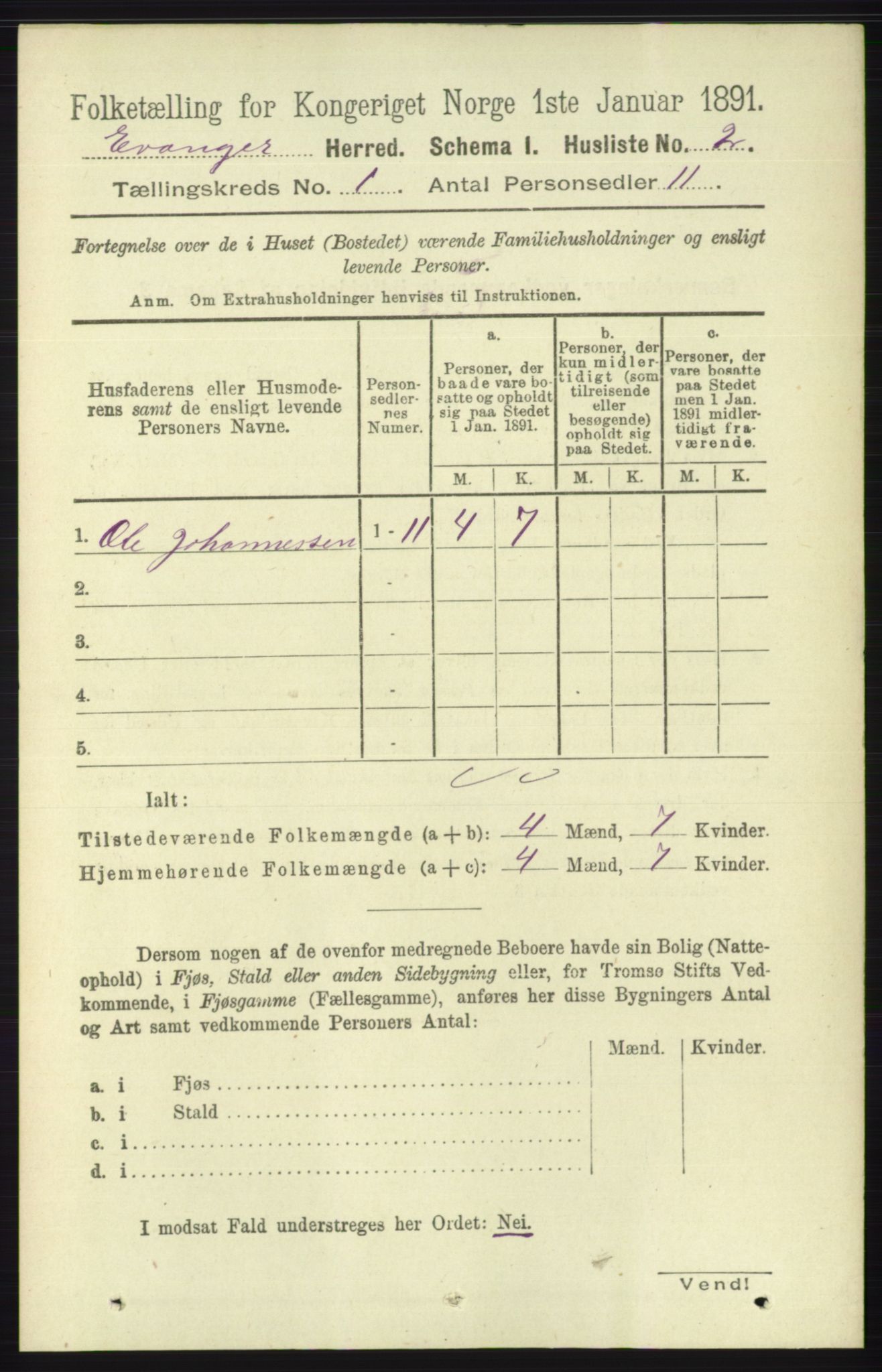 RA, 1891 census for 1237 Evanger, 1891, p. 26