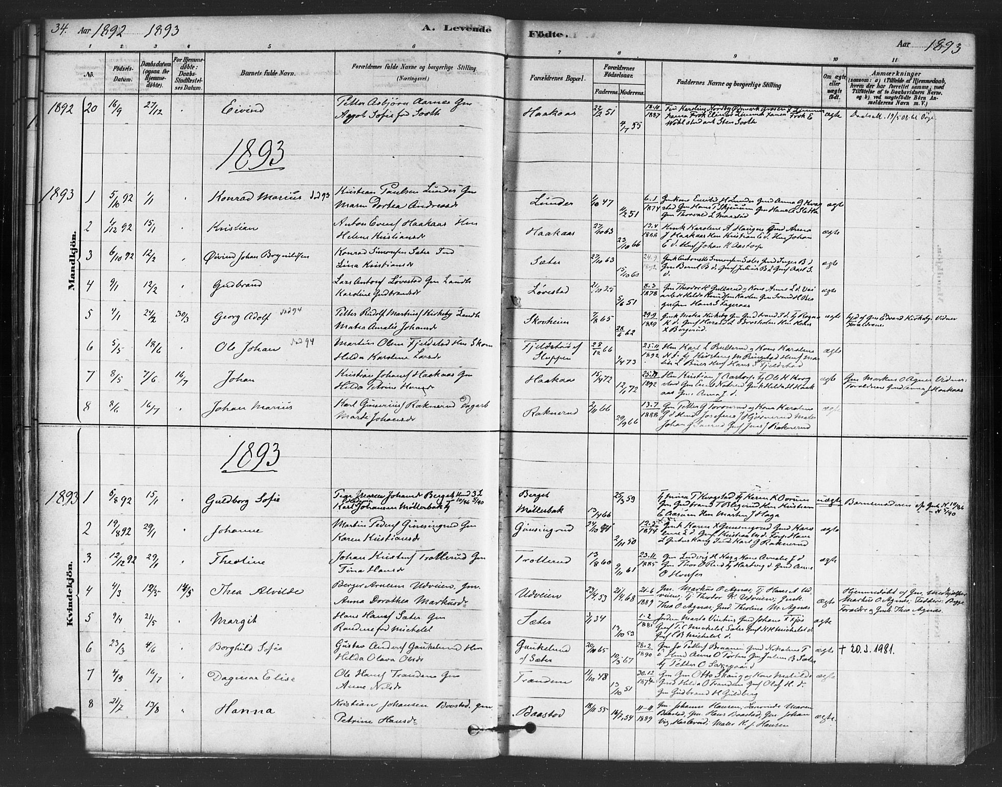 Trøgstad prestekontor Kirkebøker, AV/SAO-A-10925/F/Fb/L0001: Parish register (official) no. II 1, 1878-1902, p. 34