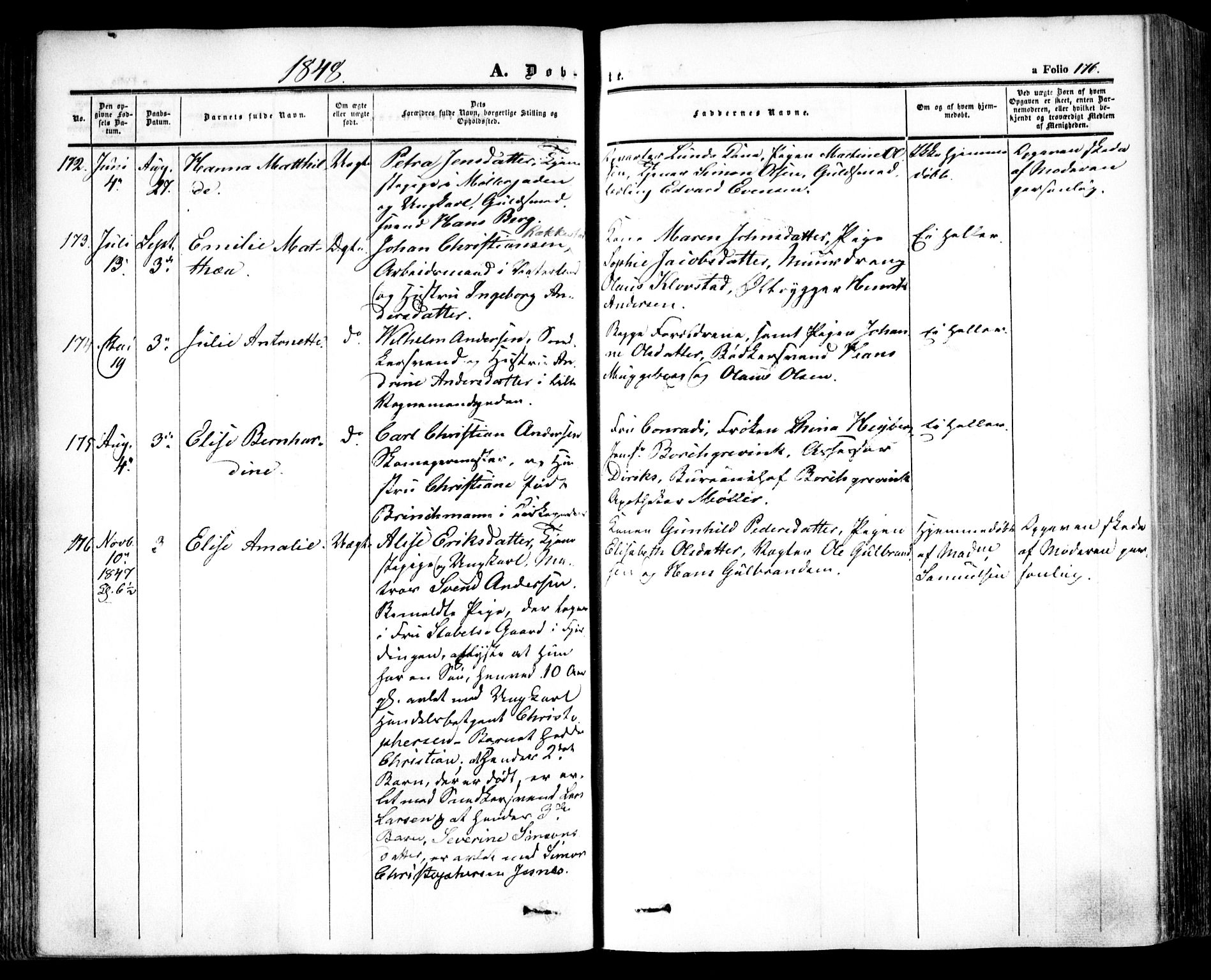 Oslo domkirke Kirkebøker, SAO/A-10752/F/Fa/L0013: Parish register (official) no. 13, 1844-1864, p. 176