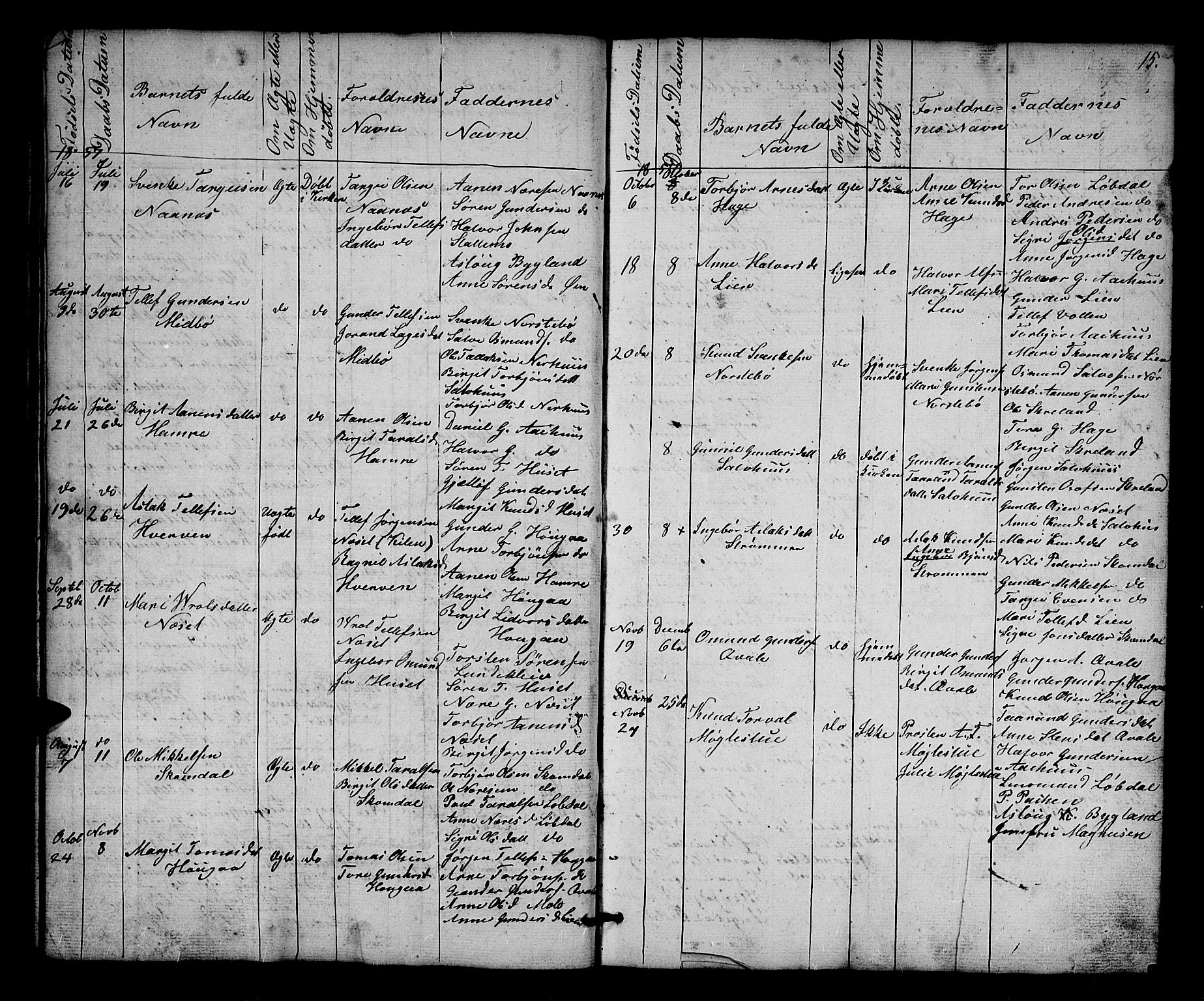 Bygland sokneprestkontor, SAK/1111-0006/F/Fb/Fbb/L0002: Parish register (copy) no. B 2, 1848-1886, p. 15