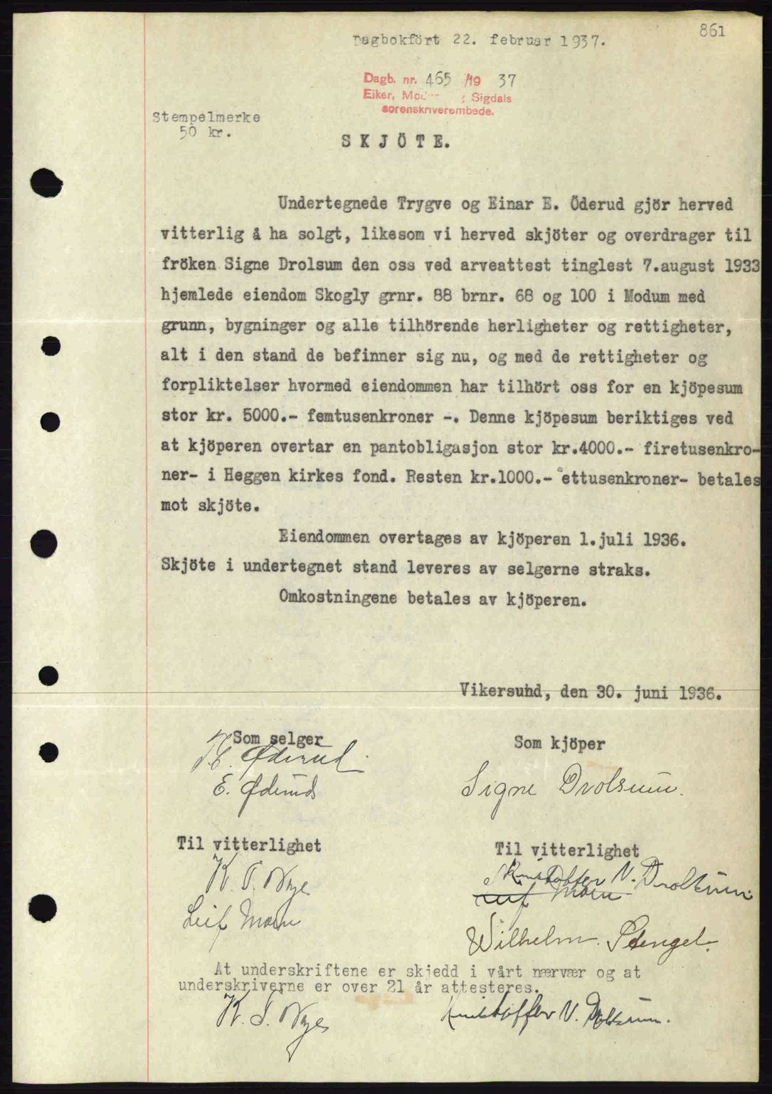 Eiker, Modum og Sigdal sorenskriveri, SAKO/A-123/G/Ga/Gab/L0034: Mortgage book no. A4, 1936-1937, Diary no: : 465/1937