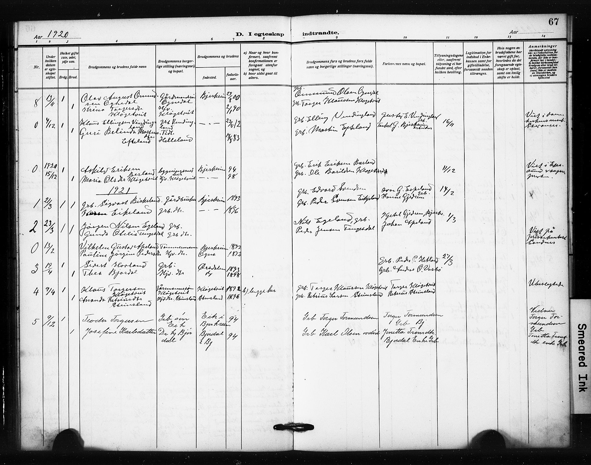 Helleland sokneprestkontor, SAST/A-101810: Parish register (copy) no. B 6, 1909-1923, p. 67