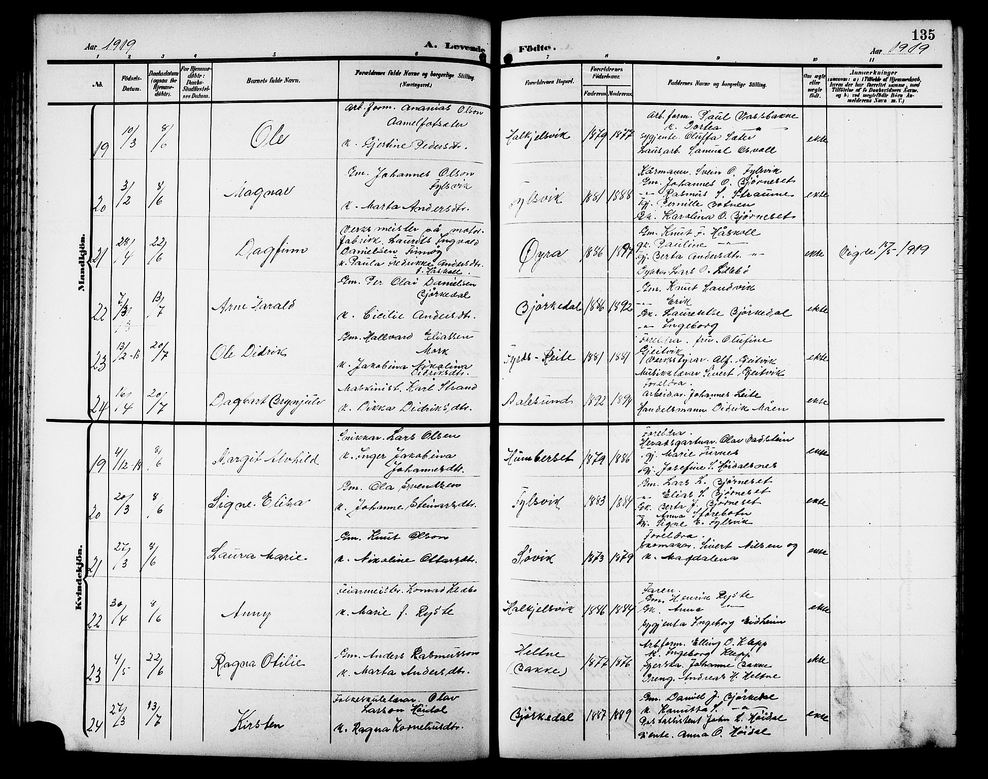 Ministerialprotokoller, klokkerbøker og fødselsregistre - Møre og Romsdal, AV/SAT-A-1454/511/L0159: Parish register (copy) no. 511C05, 1902-1920, p. 135