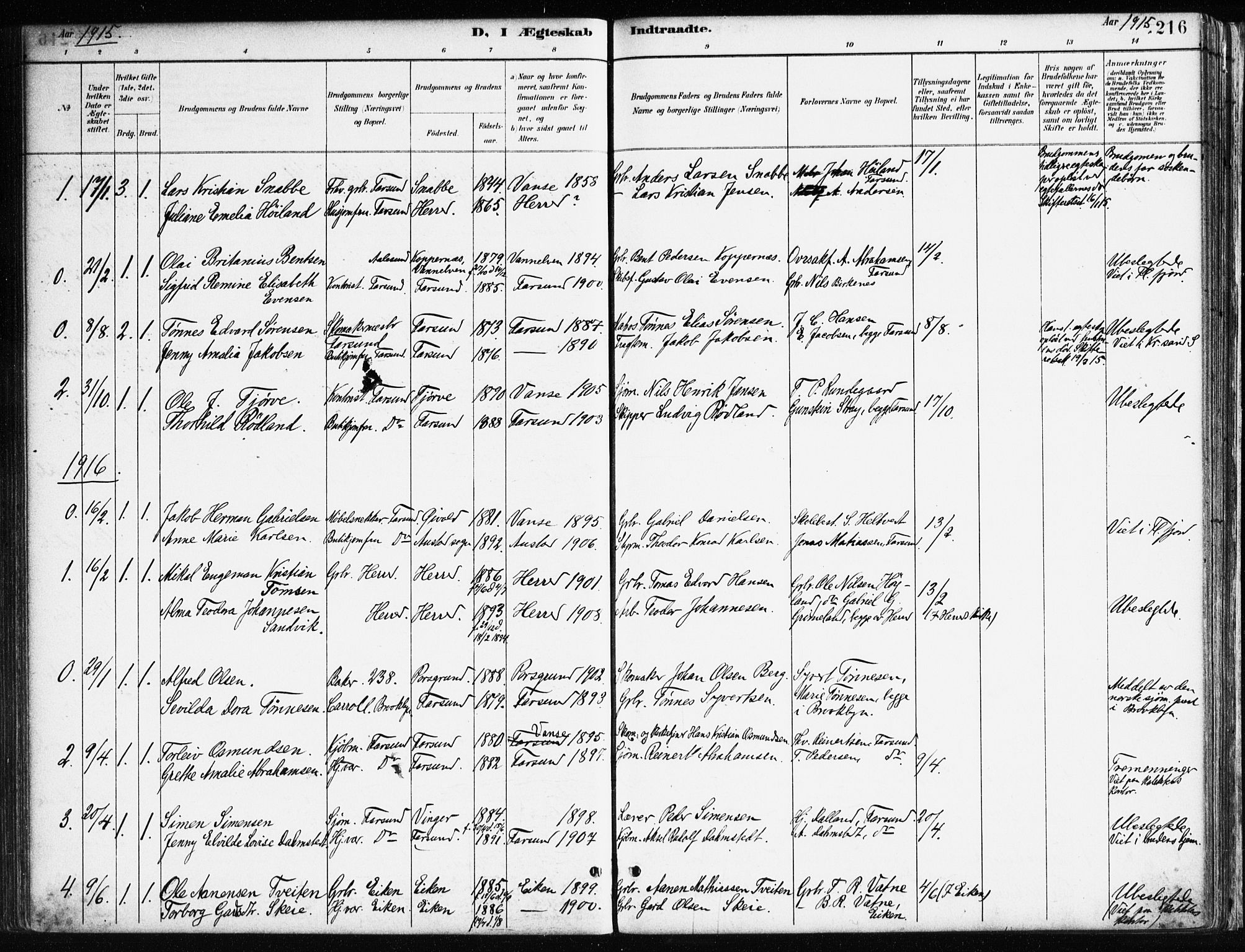 Farsund sokneprestkontor, SAK/1111-0009/F/Fa/L0006: Parish register (official) no. A 6, 1887-1920, p. 216