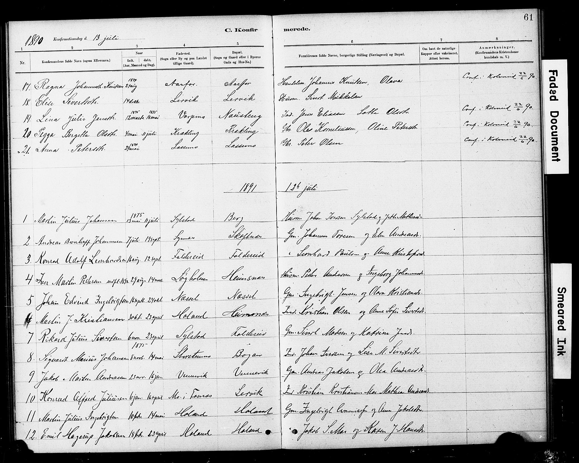 Ministerialprotokoller, klokkerbøker og fødselsregistre - Nord-Trøndelag, SAT/A-1458/783/L0661: Parish register (copy) no. 783C01, 1878-1893, p. 61