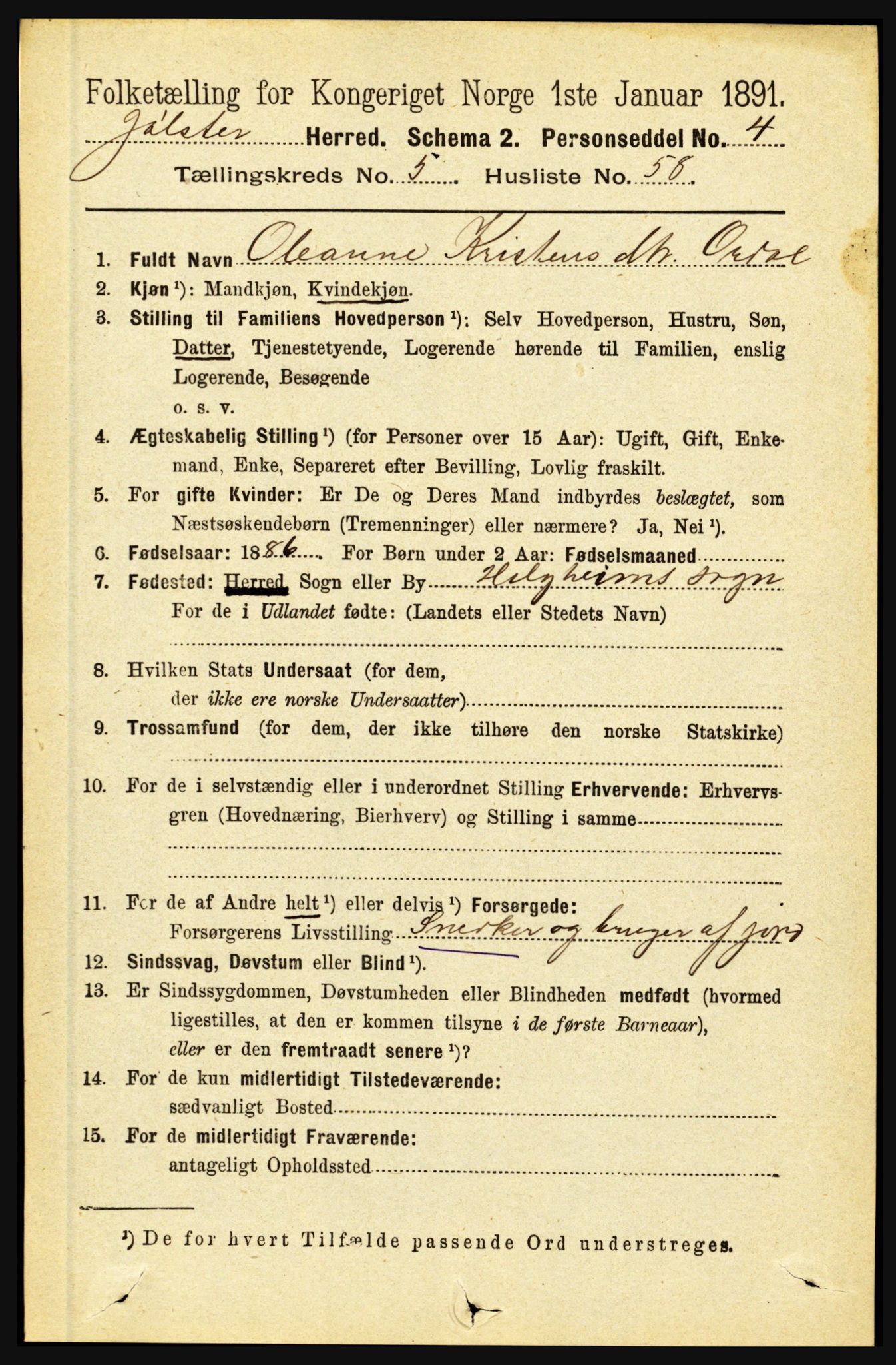 RA, 1891 census for 1431 Jølster, 1891, p. 2138