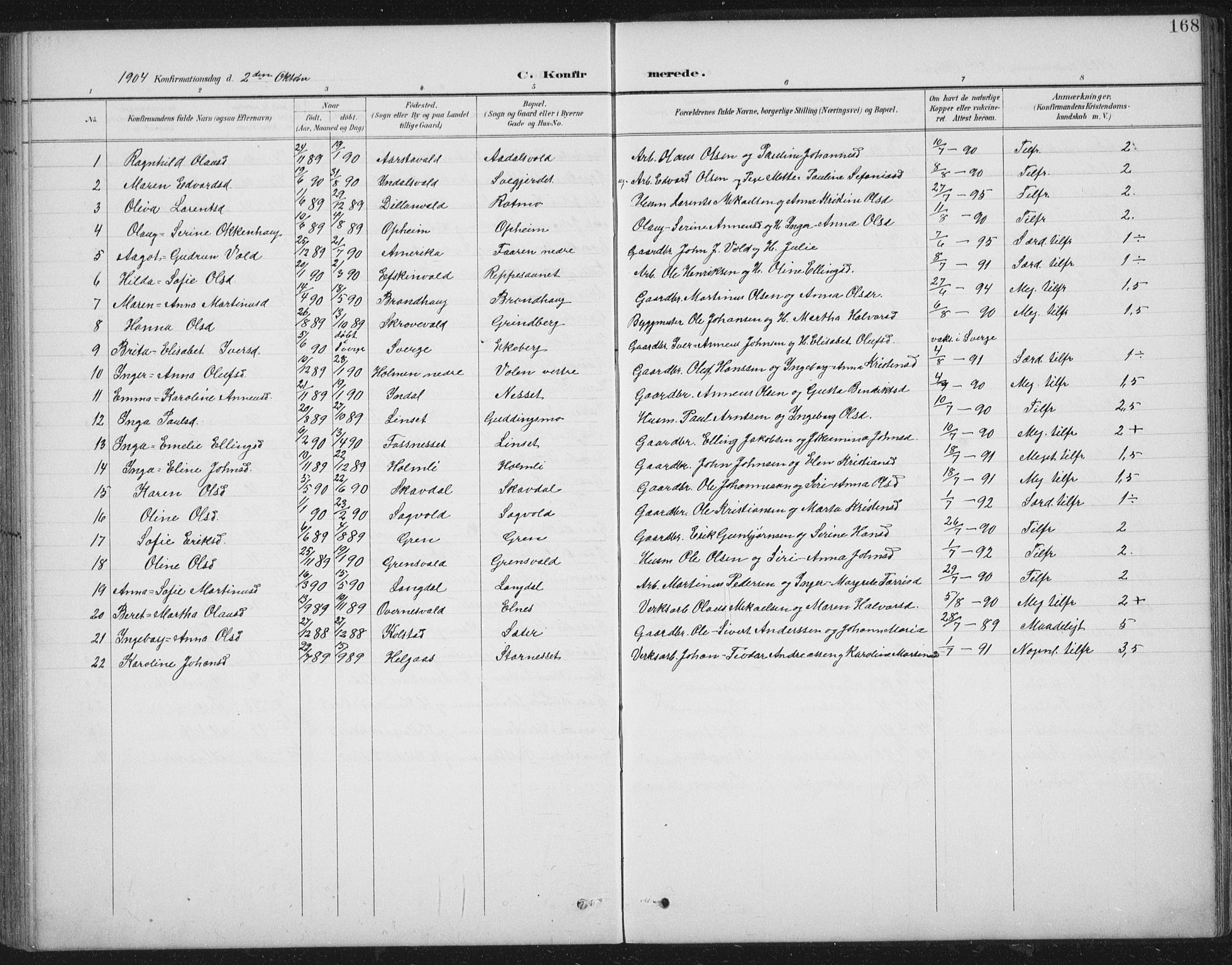 Ministerialprotokoller, klokkerbøker og fødselsregistre - Nord-Trøndelag, SAT/A-1458/724/L0269: Parish register (copy) no. 724C05, 1899-1920, p. 168