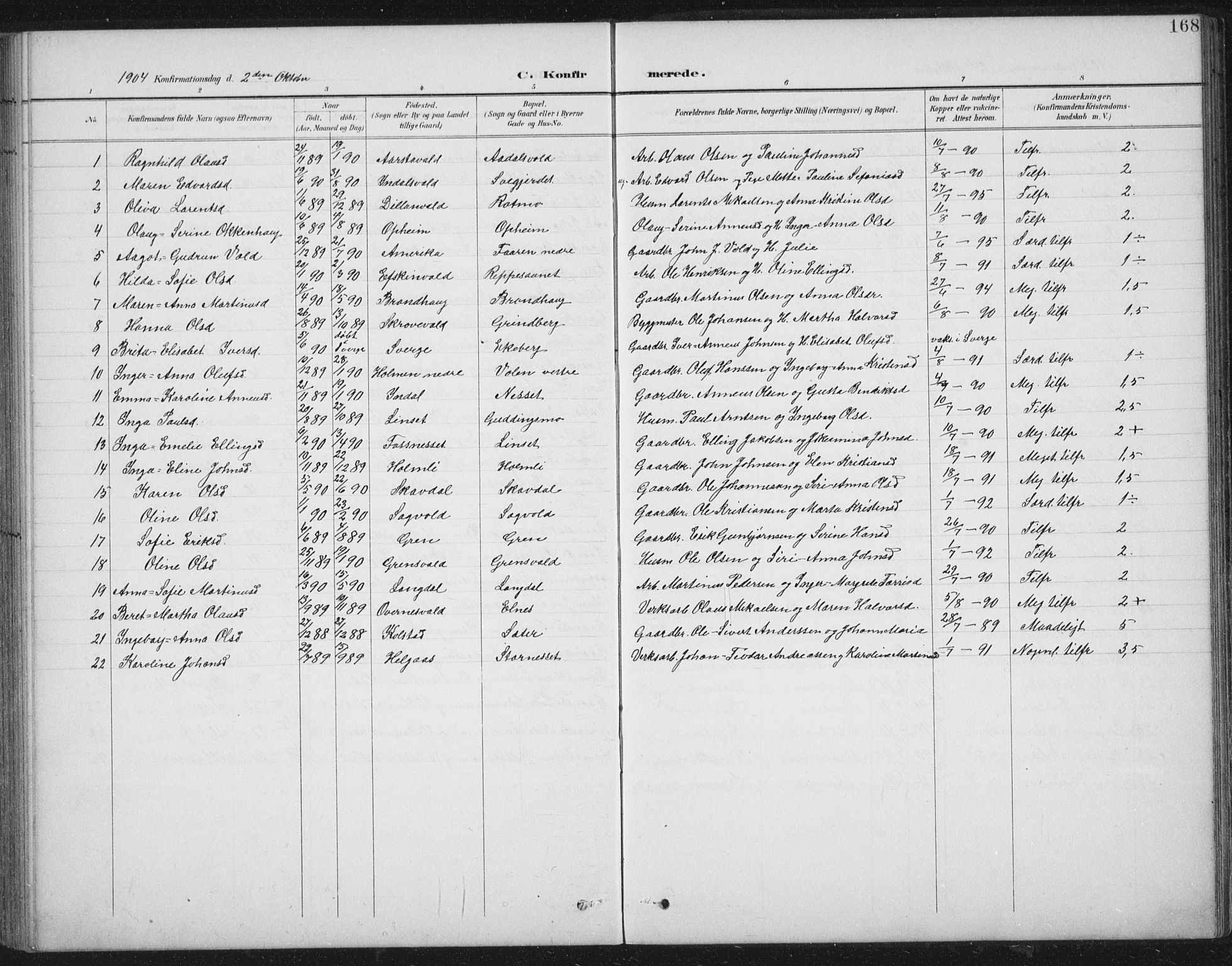 Ministerialprotokoller, klokkerbøker og fødselsregistre - Nord-Trøndelag, AV/SAT-A-1458/724/L0269: Parish register (copy) no. 724C05, 1899-1920, p. 168