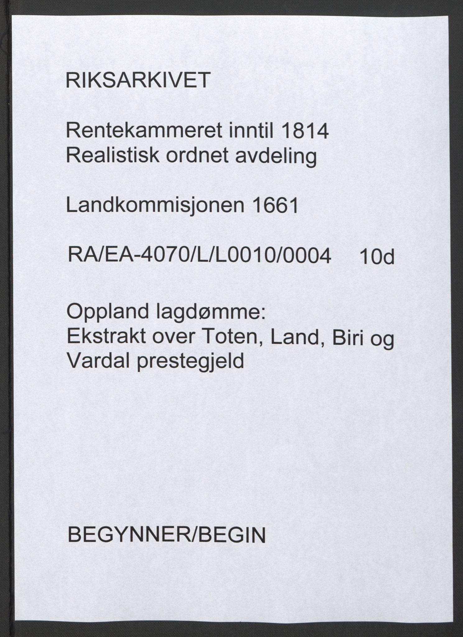 Rentekammeret inntil 1814, Realistisk ordnet avdeling, RA/EA-4070/L/L0010/0004: Oppland lagdømme: / Ekstrakt over Toten, Land, Biri og Vardal prestegjeld, 1661
