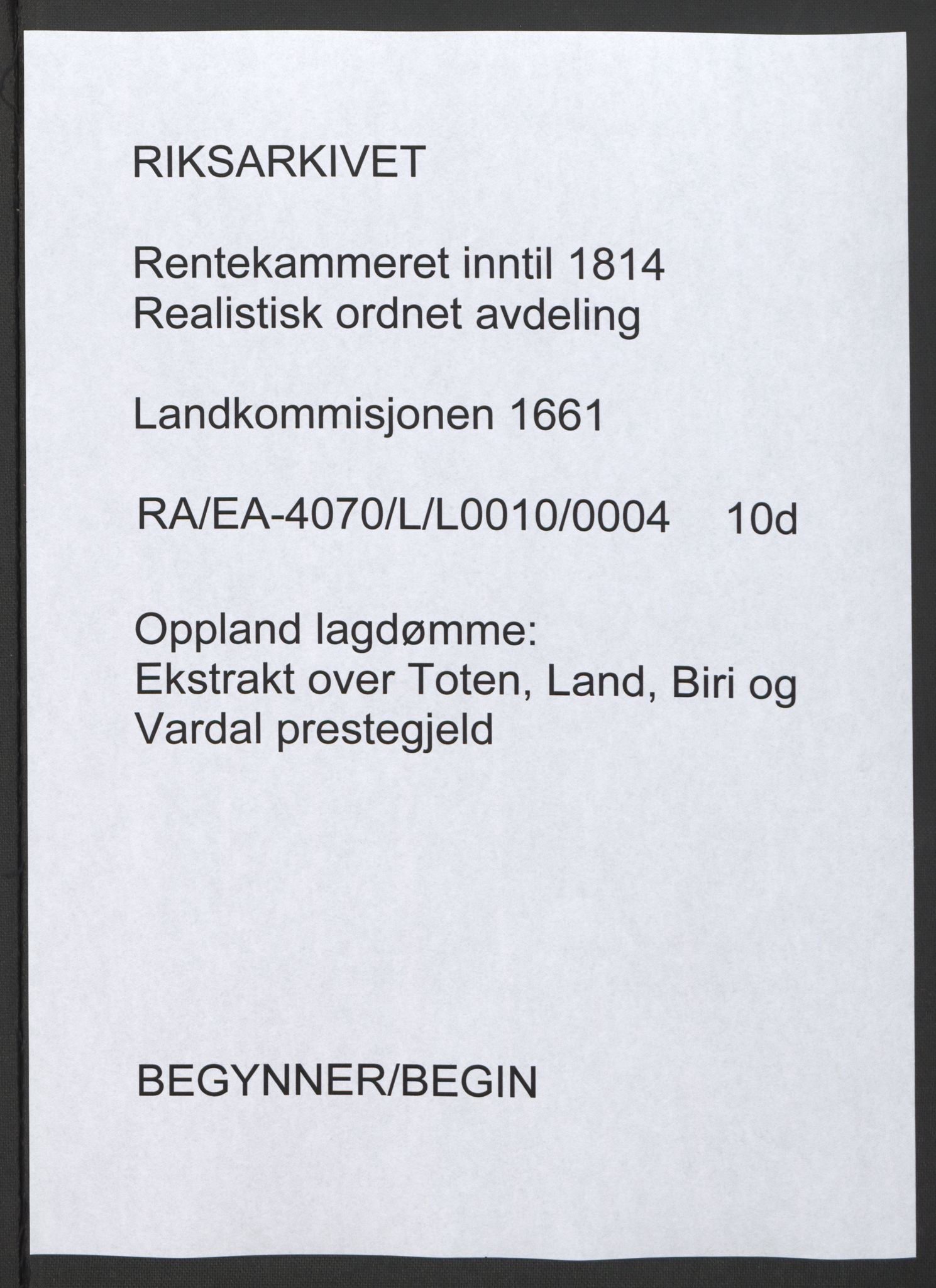 Rentekammeret inntil 1814, Realistisk ordnet avdeling, AV/RA-EA-4070/L/L0010/0004: Oppland lagdømme: / Ekstrakt over Toten, Land, Biri og Vardal prestegjeld, 1661